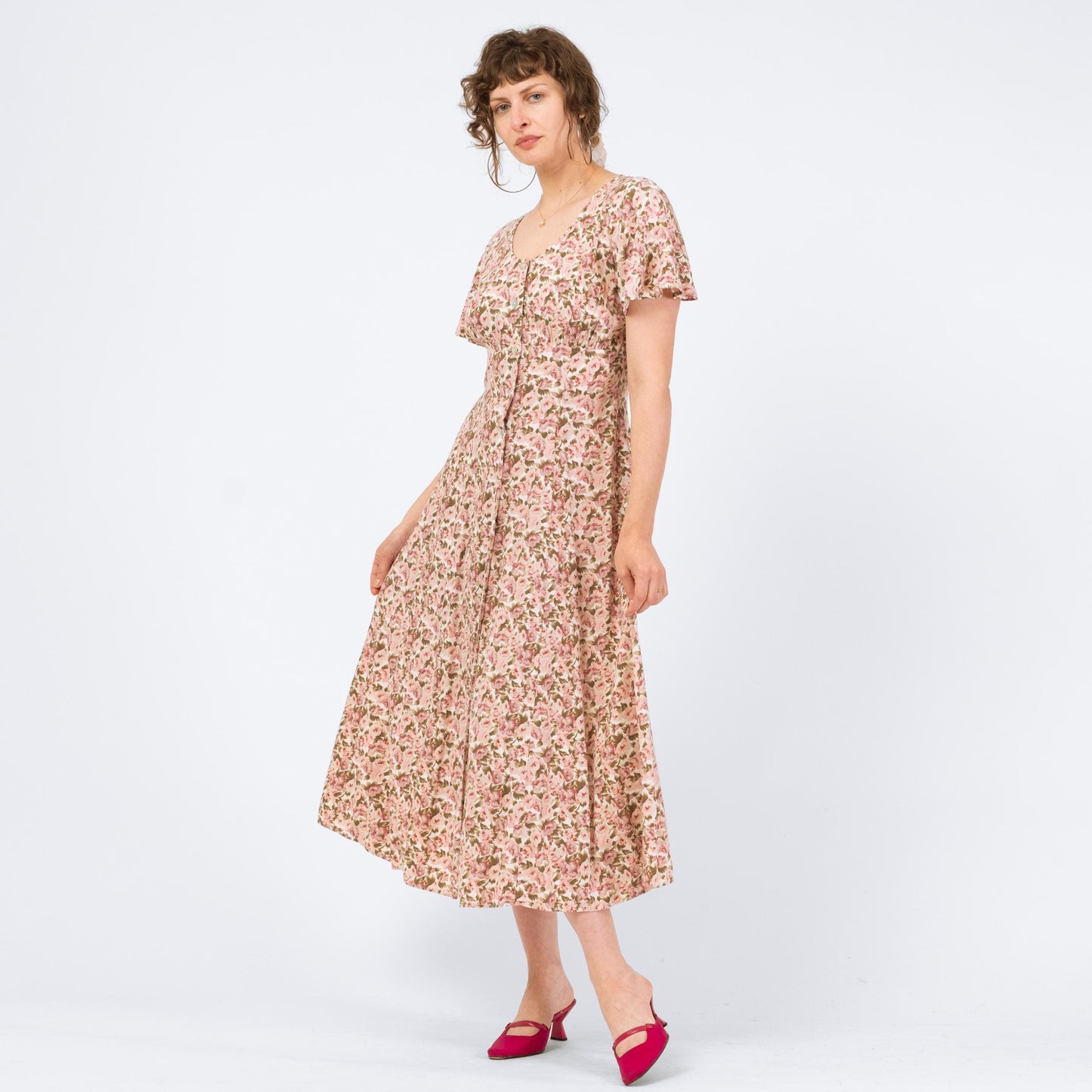 Vintage 90s Pink Floral Button Front Sundress - Medium | Flutter Sleeve Boho Grunge Dress