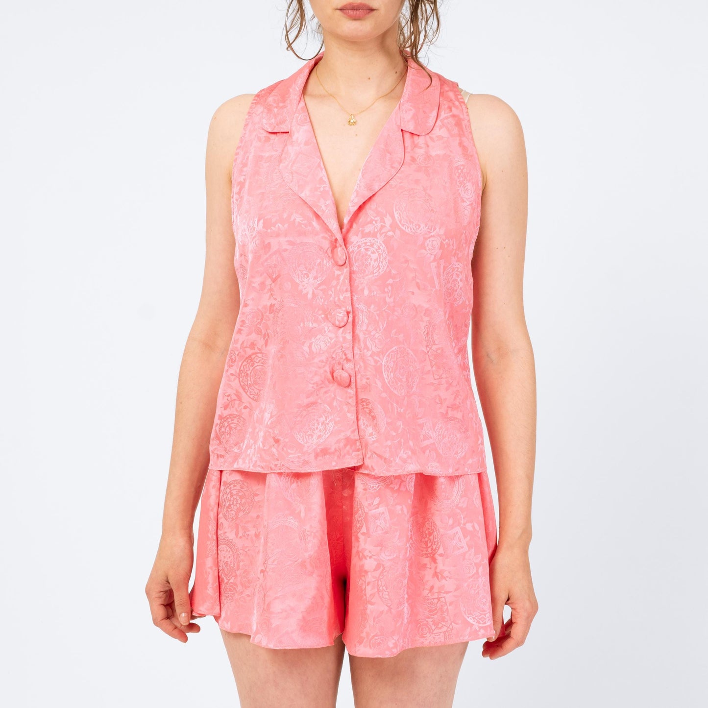 Vintage 90s Victoria's Secret Pink Satin Lounge Set - Medium | Floral Jacquard Pajama Top & Matching Shorts