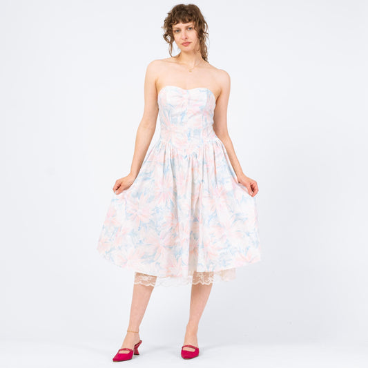 Vintage 80s Pastel Floral Strapless Fit & Flare Dress - Medium | Retro Midi Garden Party Dress