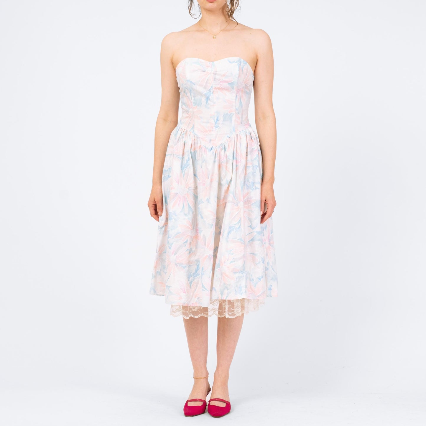 Vintage 80s Pastel Floral Strapless Fit & Flare Dress - Medium | Retro Midi Garden Party Dress