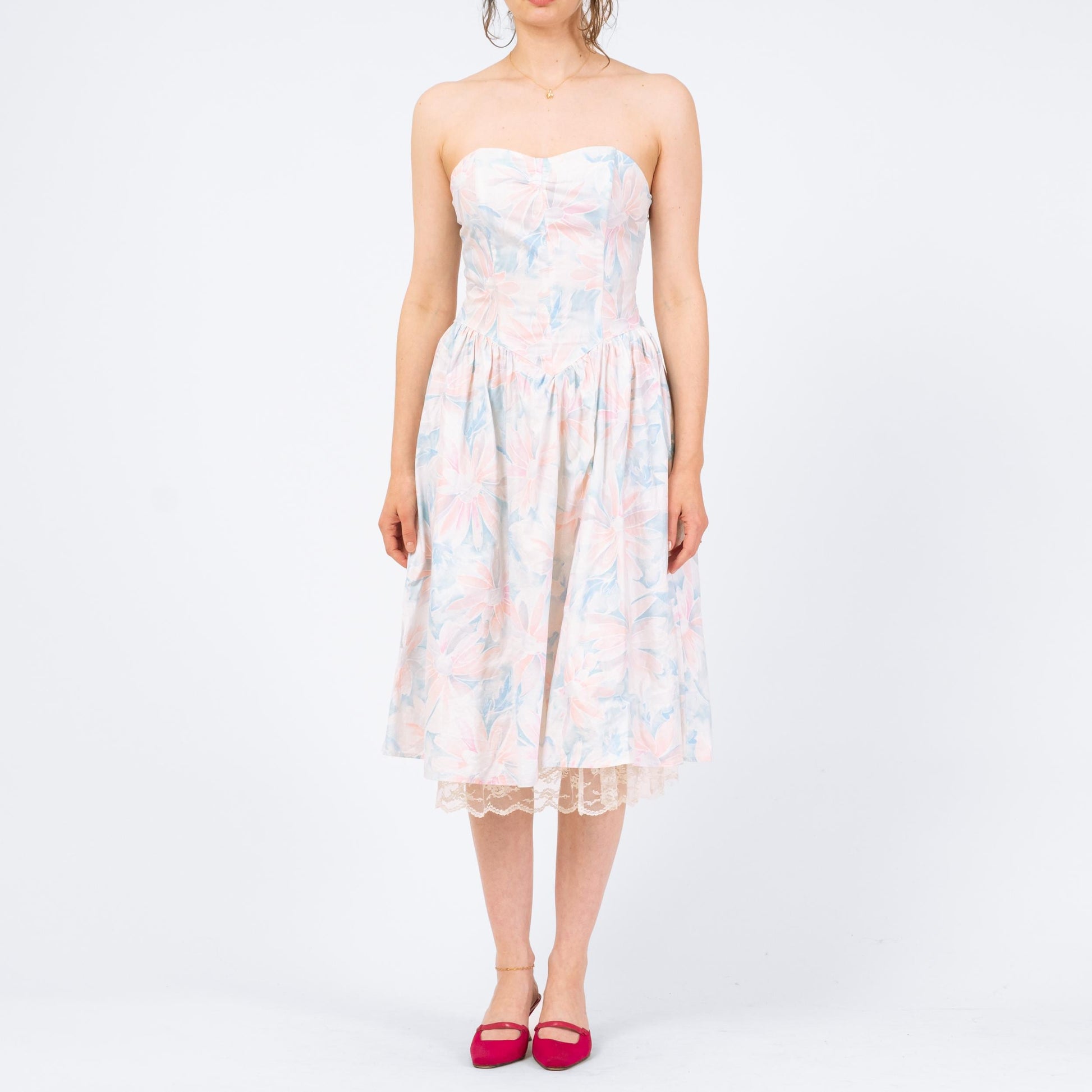 Vintage 80s Pastel Floral Strapless Fit & Flare Dress - Medium | Retro Midi Garden Party Dress