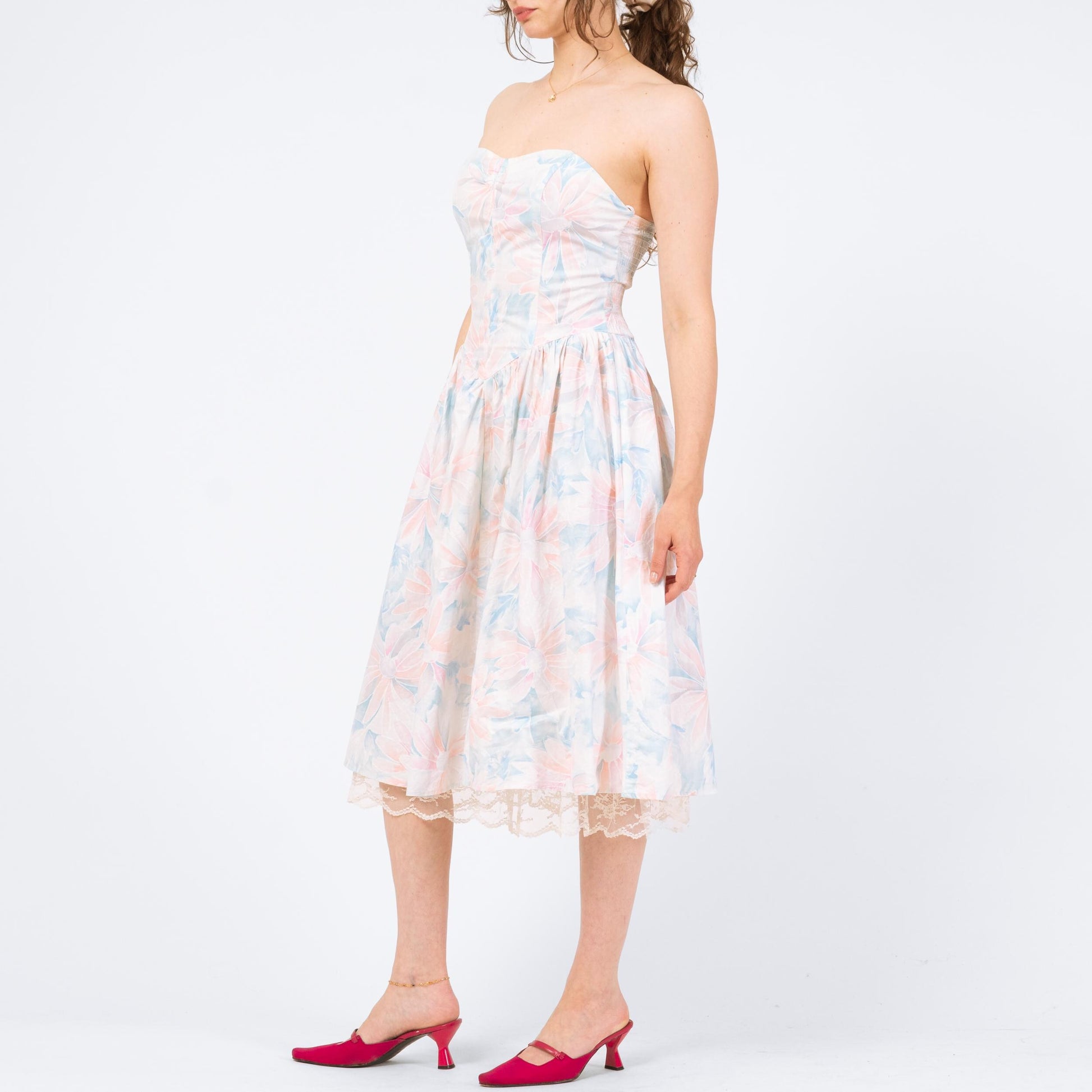 Vintage 80s Pastel Floral Strapless Fit & Flare Dress - Medium | Retro Midi Garden Party Dress