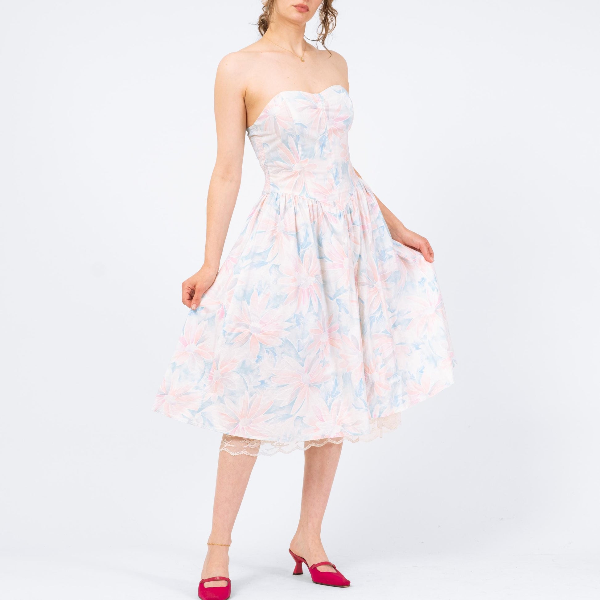 Vintage 80s Pastel Floral Strapless Fit & Flare Dress - Medium | Retro Midi Garden Party Dress