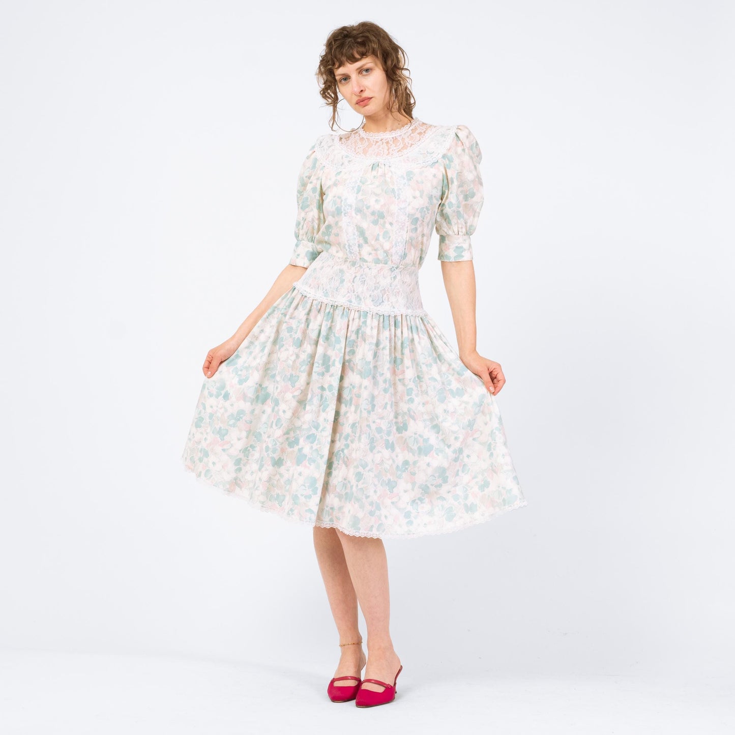 Vintage 80s Floral Sailor Collar Drop Waist Dress - Small | Pastel Blue Lace Trim Midi Dress
