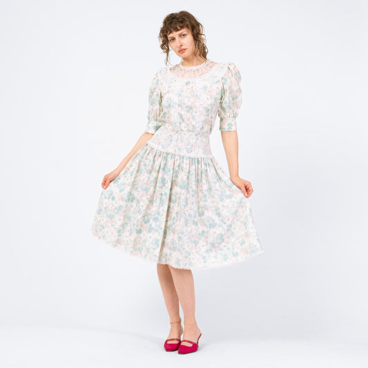 Vintage 80s Floral Sailor Collar Drop Waist Dress - Small | Pastel Blue Lace Trim Midi Dress