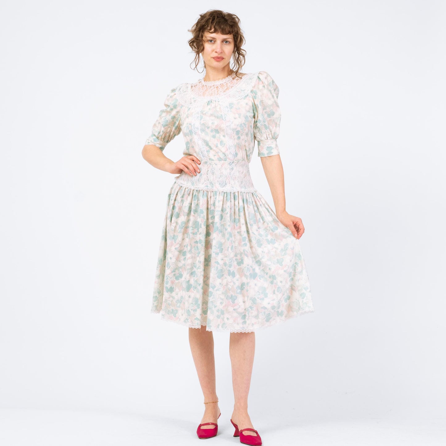 Vintage 80s Floral Sailor Collar Drop Waist Dress - Small | Pastel Blue Lace Trim Midi Dress