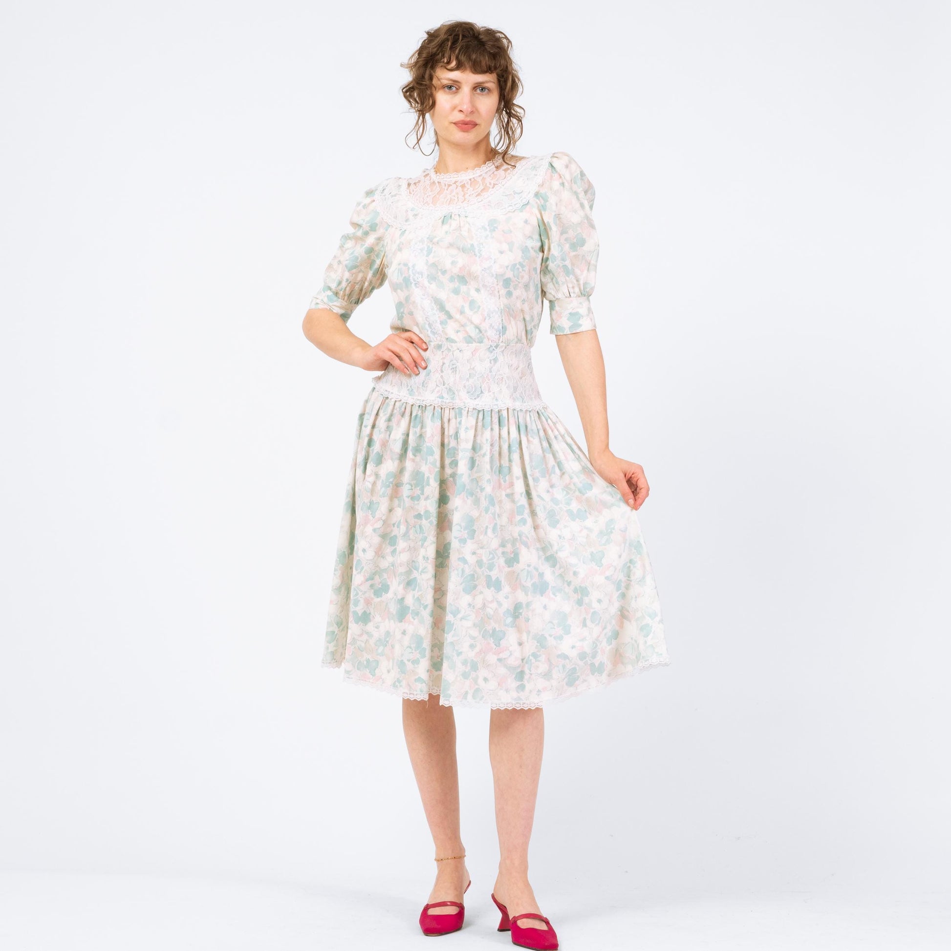 Vintage 80s Floral Sailor Collar Drop Waist Dress - Small | Pastel Blue Lace Trim Midi Dress