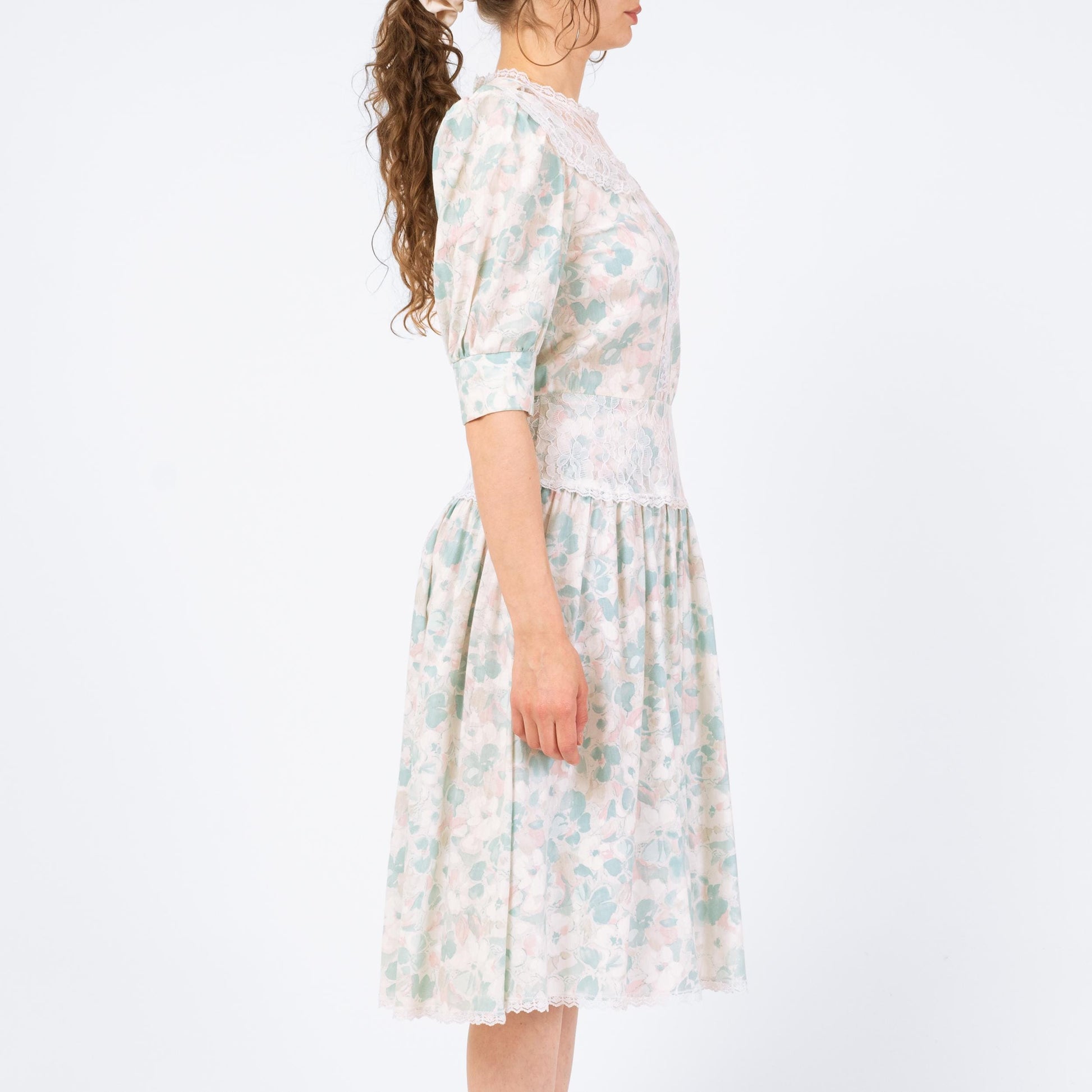 Vintage 80s Floral Sailor Collar Drop Waist Dress - Small | Pastel Blue Lace Trim Midi Dress