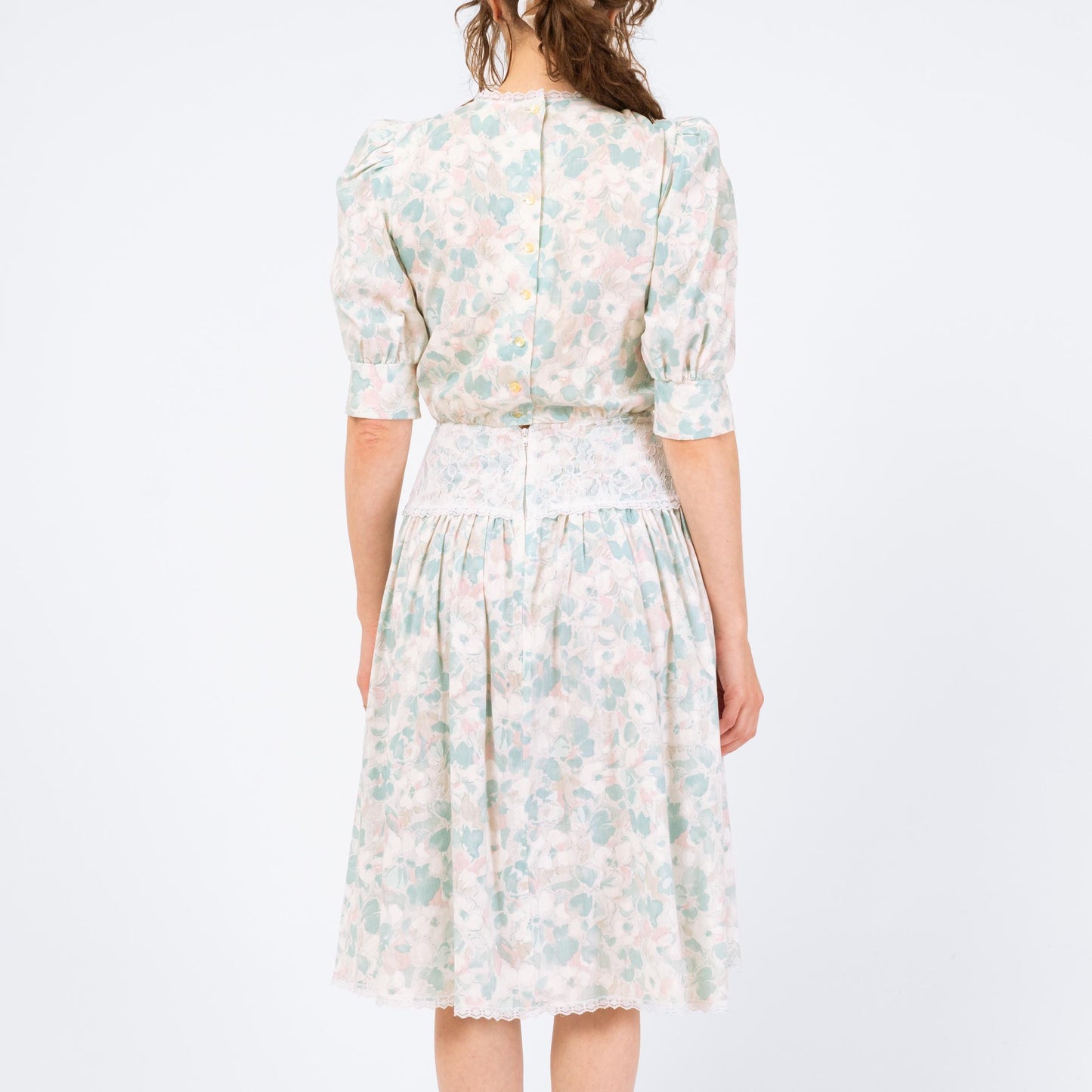 Vintage 80s Floral Sailor Collar Drop Waist Dress - Small | Pastel Blue Lace Trim Midi Dress