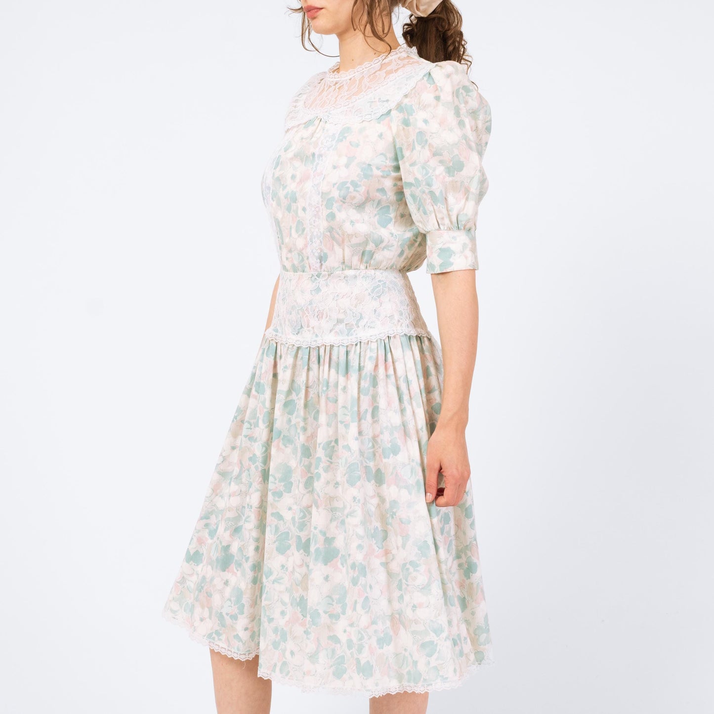 Vintage 80s Floral Sailor Collar Drop Waist Dress - Small | Pastel Blue Lace Trim Midi Dress