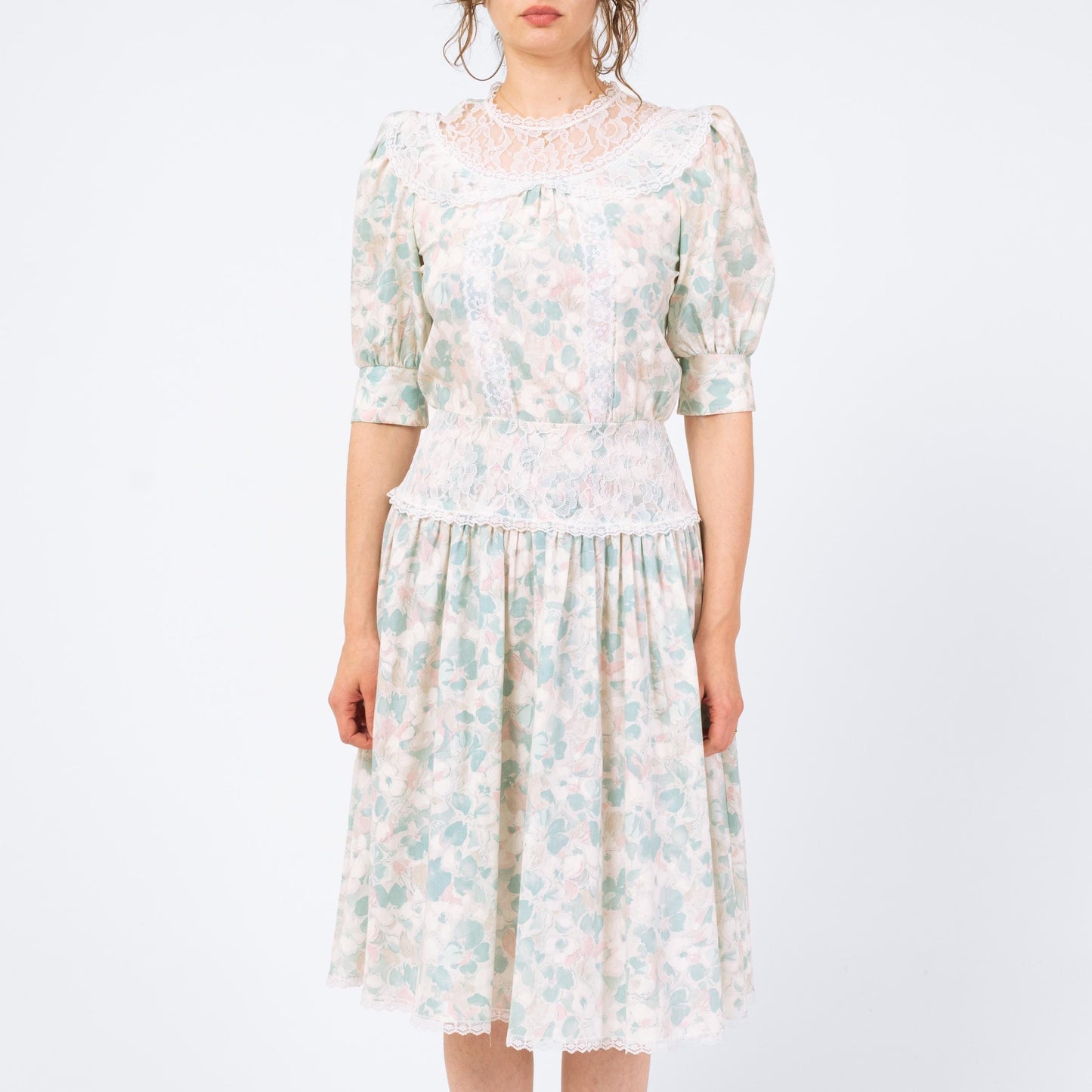 Vintage 80s Floral Sailor Collar Drop Waist Dress - Small | Pastel Blue Lace Trim Midi Dress