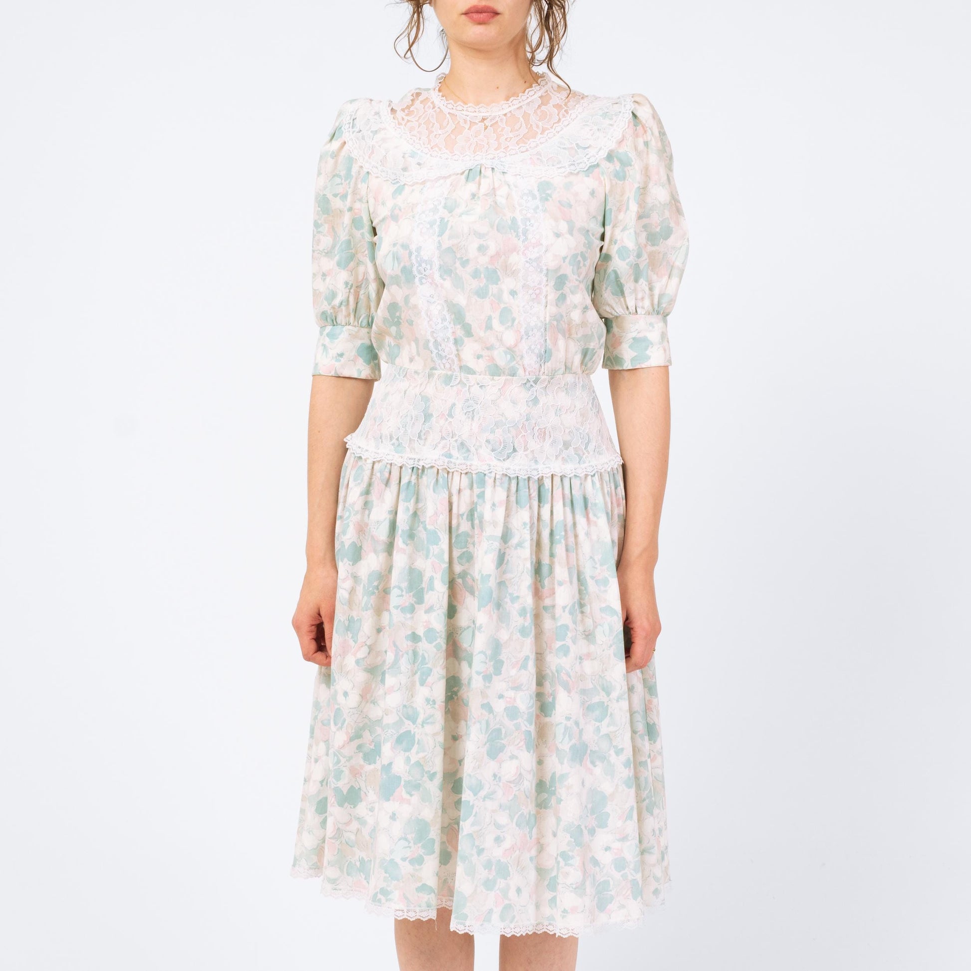 Vintage 80s Floral Sailor Collar Drop Waist Dress - Small | Pastel Blue Lace Trim Midi Dress