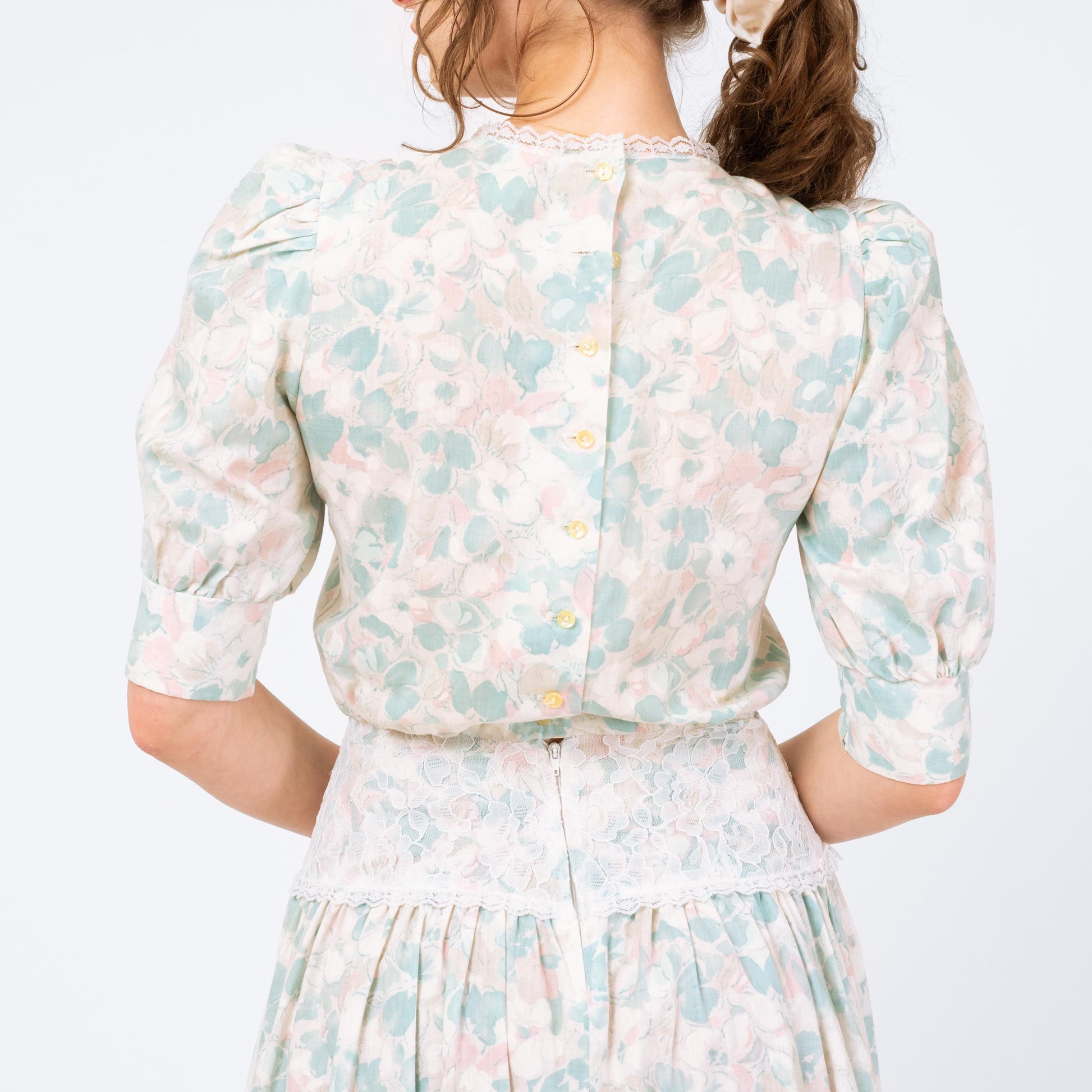 Vintage 80s Floral Sailor Collar Drop Waist Dress - Small | Pastel Blue Lace Trim Midi Dress