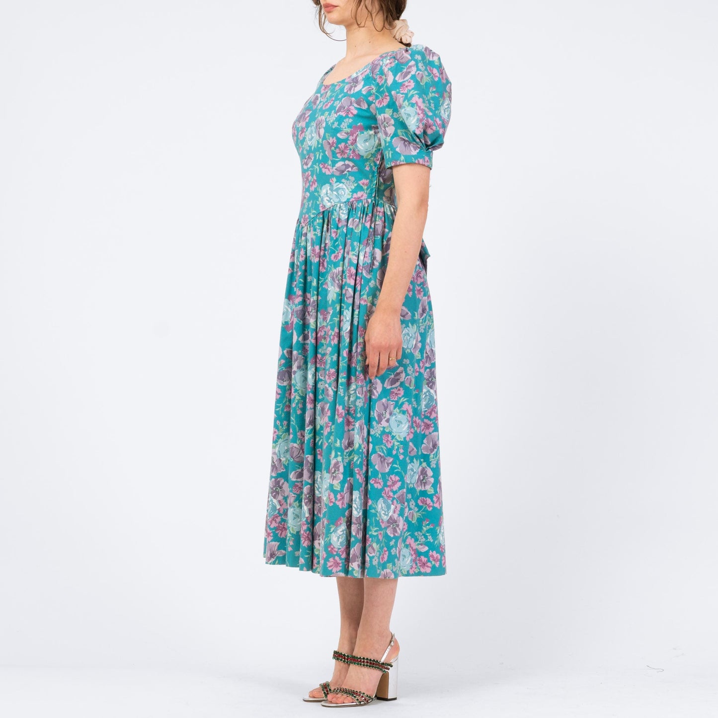 Vintage 80s Laura Ashley Turquoise Floral Puff Sleeve Sundress - Medium | Low Back Retro Basque Waist Midi Dress