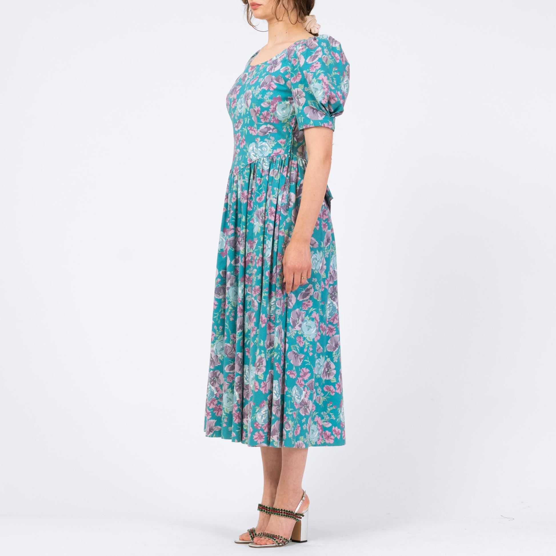 Vintage 80s Laura Ashley Turquoise Floral Puff Sleeve Sundress - Medium | Low Back Retro Basque Waist Midi Dress
