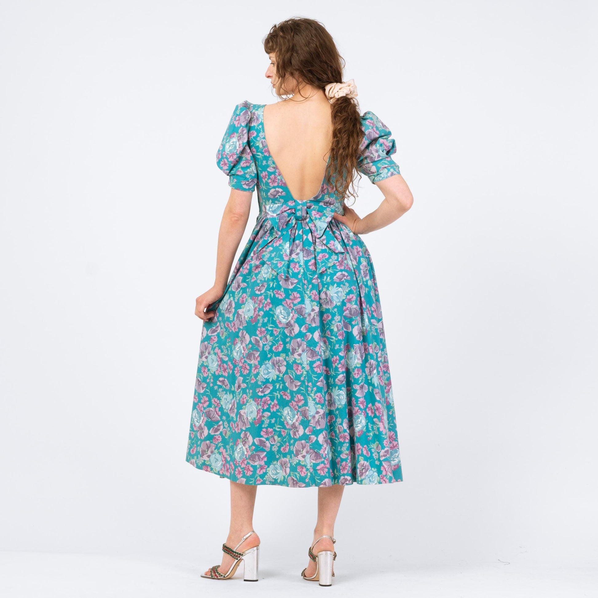 Vintage 80s Laura Ashley Turquoise Floral Puff Sleeve Sundress - Medium | Low Back Retro Basque Waist Midi Dress