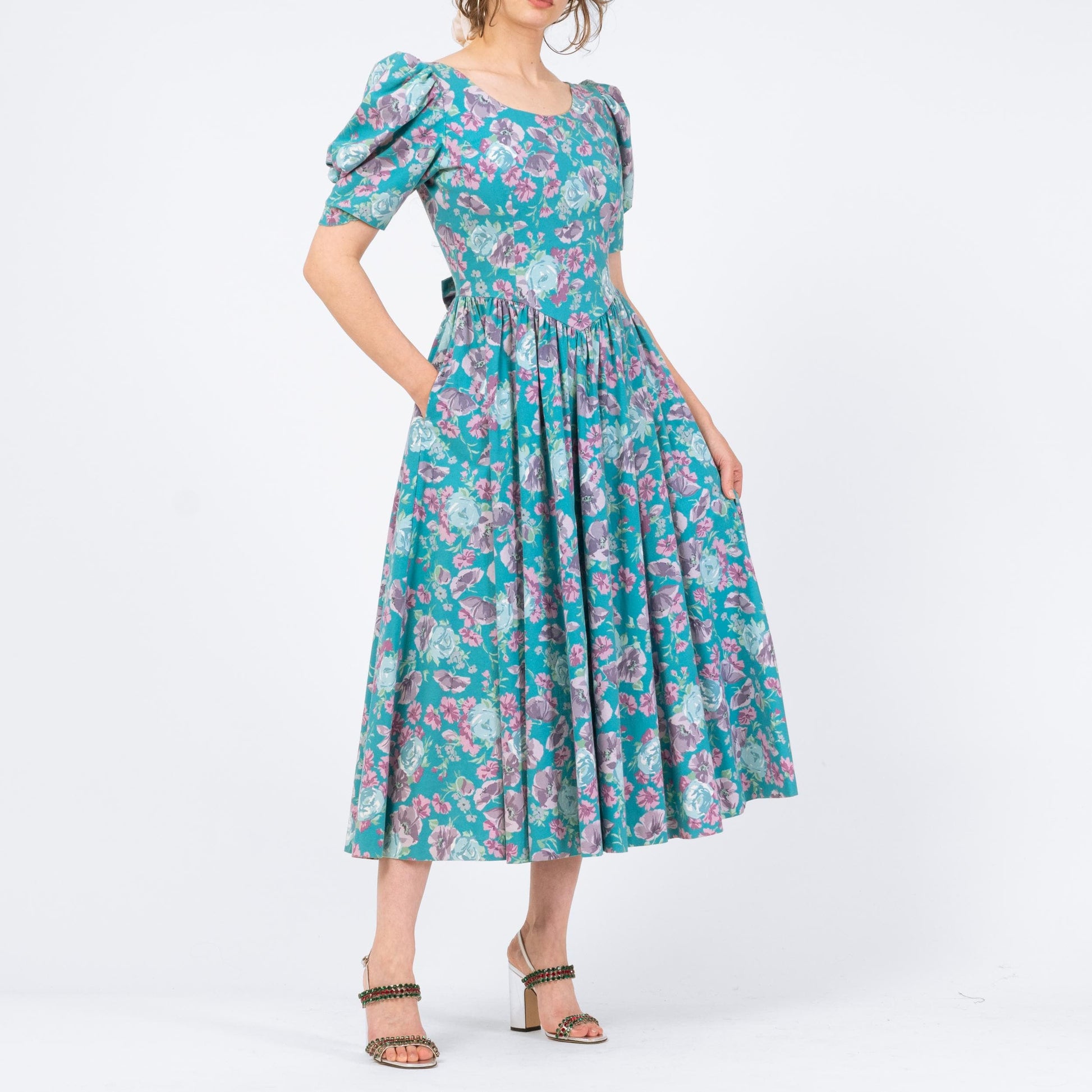Vintage 80s Laura Ashley Turquoise Floral Puff Sleeve Sundress - Medium | Low Back Retro Basque Waist Midi Dress