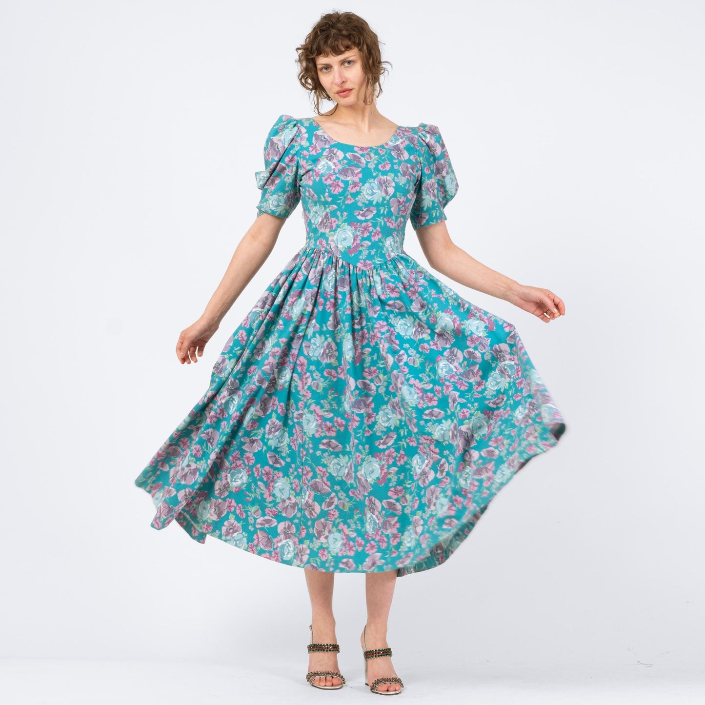 Vintage 80s Laura Ashley Turquoise Floral Puff Sleeve Sundress - Medium | Low Back Retro Basque Waist Midi Dress