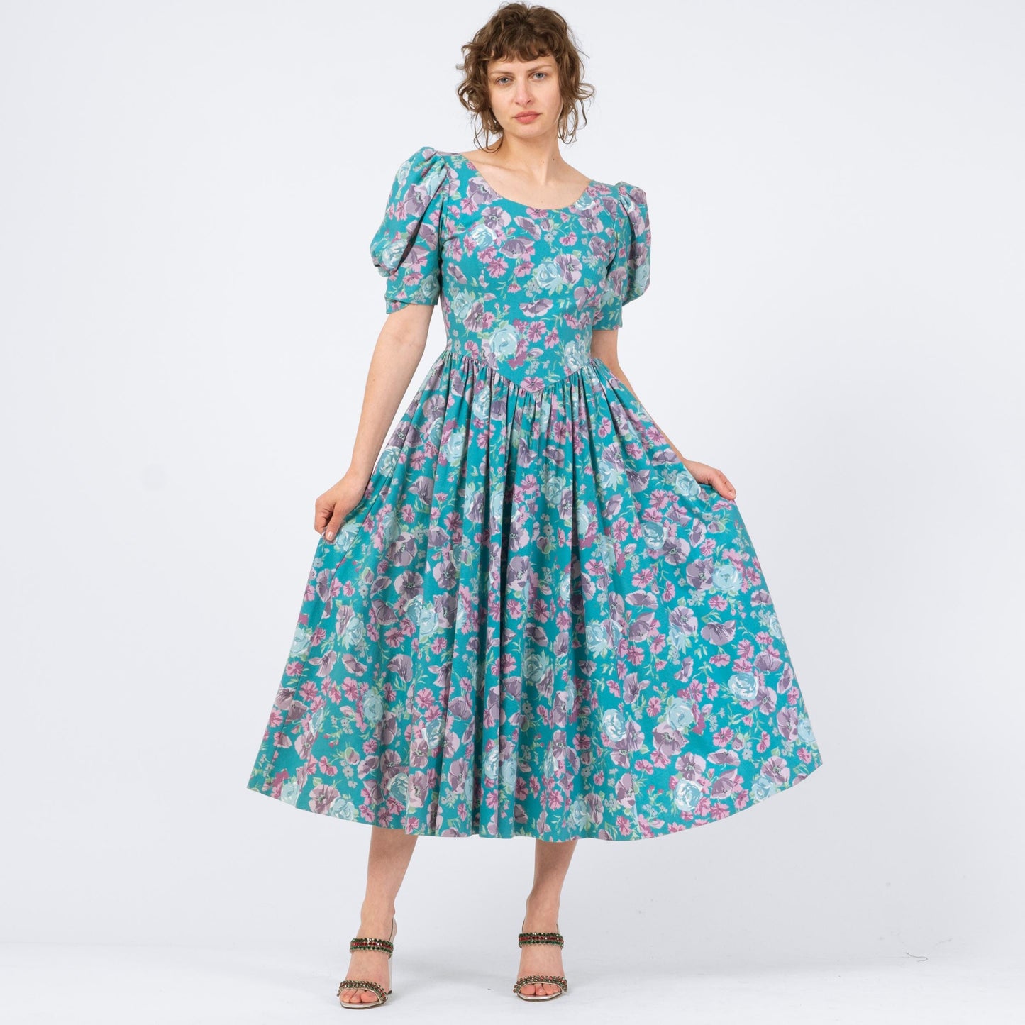 Vintage 80s Laura Ashley Turquoise Floral Puff Sleeve Sundress - Medium | Low Back Retro Basque Waist Midi Dress