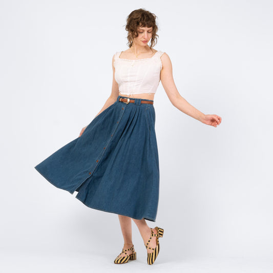 Vintage 90s Denim Button Front Midi Skirt - Medium | Blue Jean High Waisted Full Skirt