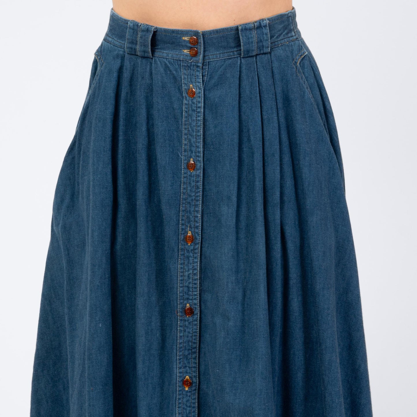 Vintage 90s Denim Button Front Midi Skirt - Medium | Blue Jean High Waisted Full Skirt