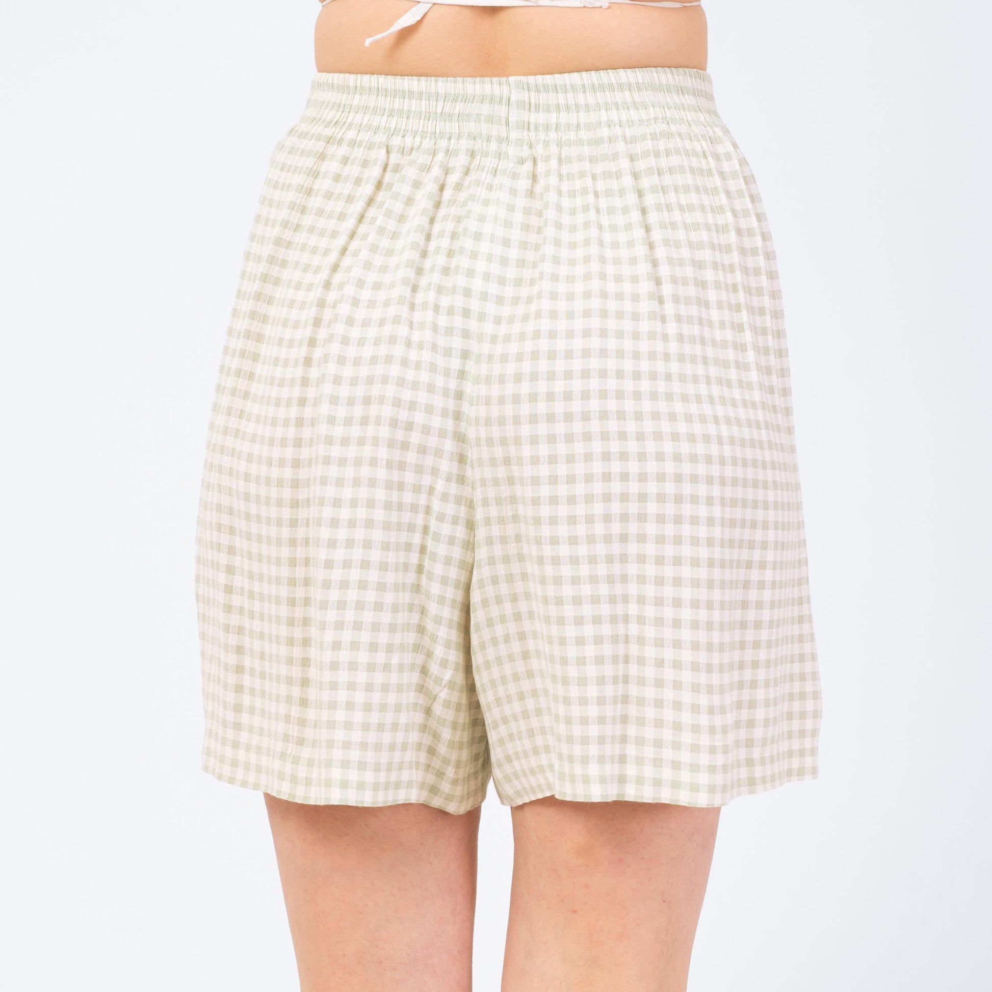 Vintage 90s Mint Green Gingham Shorts - Small to Medium | High Rise Elastic Waist Casual Summer Shorts