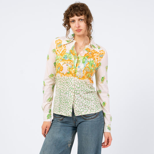 Vintage 70s Walk In The Park Novelty Print Shirt - Small | Long Sleeve Dagger Collar Button Up Disco Shirt