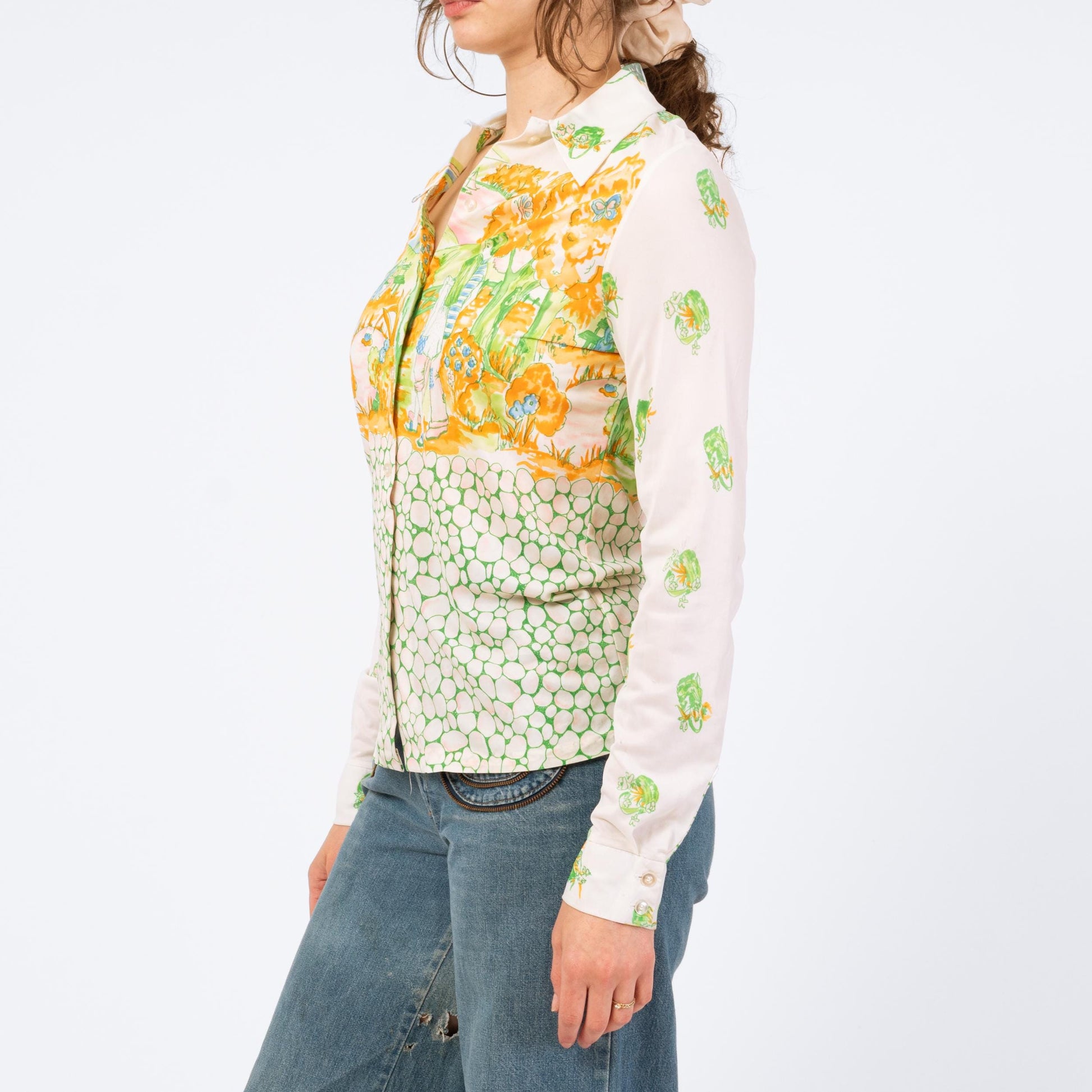 Vintage 70s Walk In The Park Novelty Print Shirt - Small | Long Sleeve Dagger Collar Button Up Disco Shirt