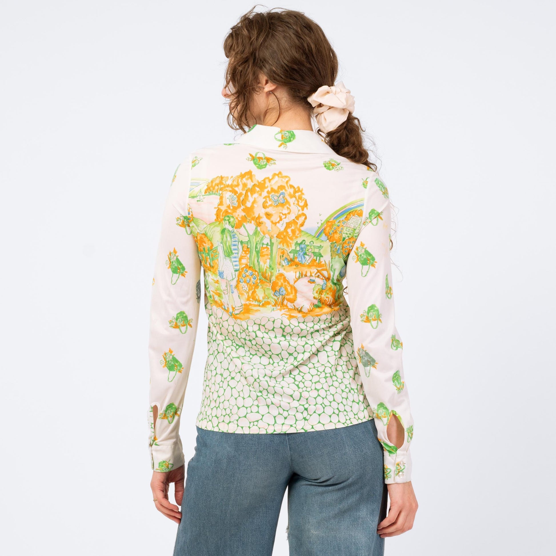Vintage 70s Walk In The Park Novelty Print Shirt - Small | Long Sleeve Dagger Collar Button Up Disco Shirt
