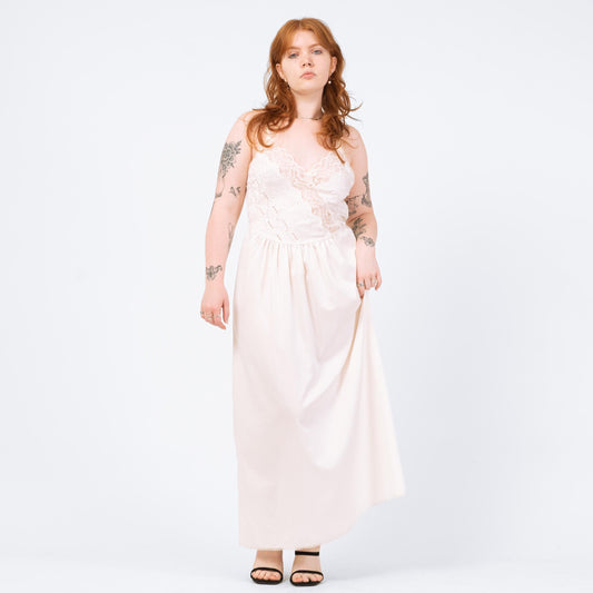 Vintage 80s Victoria's Secret Bridal Maxi Slip Dress - Medium | Ivory White Lace Trim Lingerie Nightgown