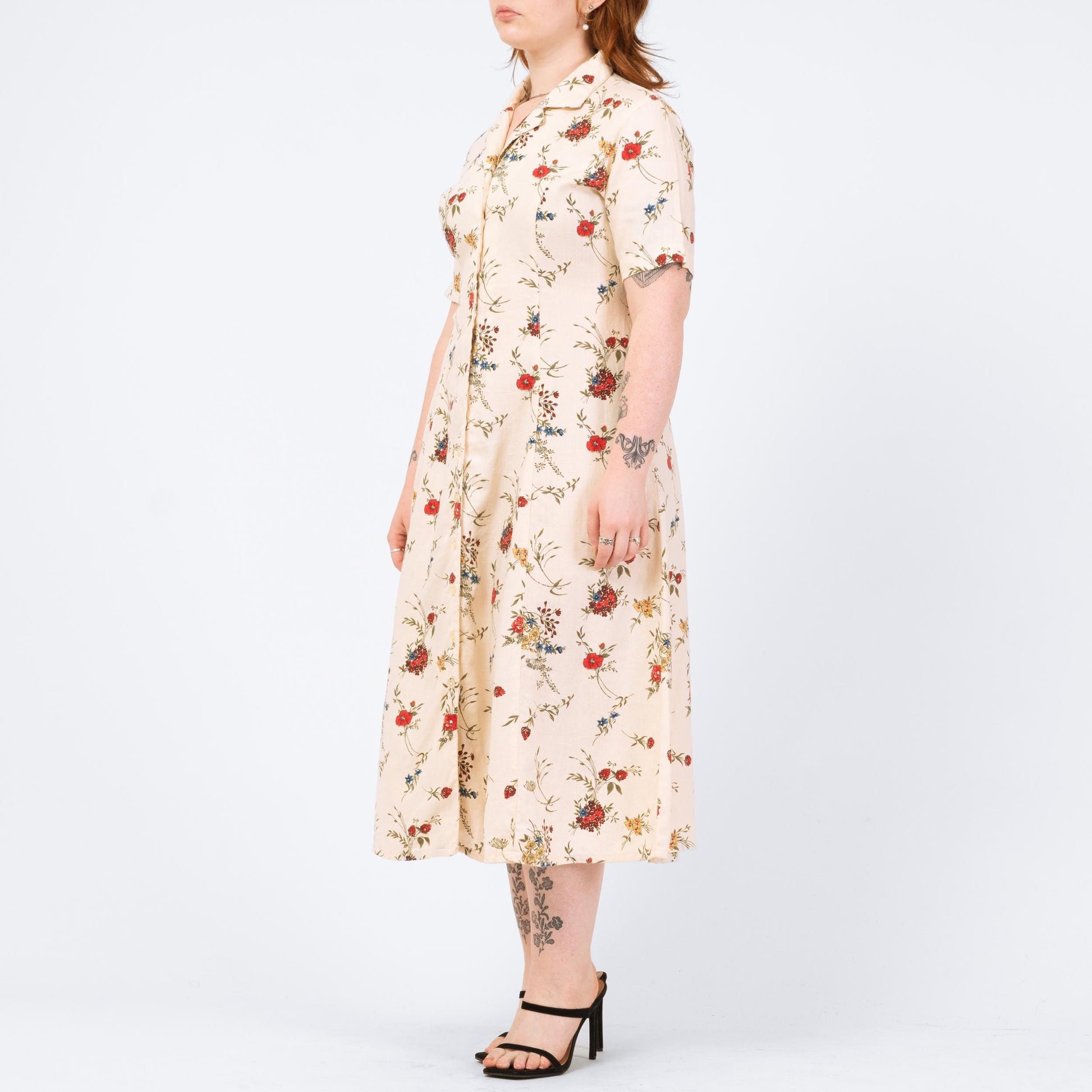 Vintage 90s Cream Floral Linen Midi Dress - Medium | Eddie Bauer Boho Button Up Short Sleeve Shirtdress