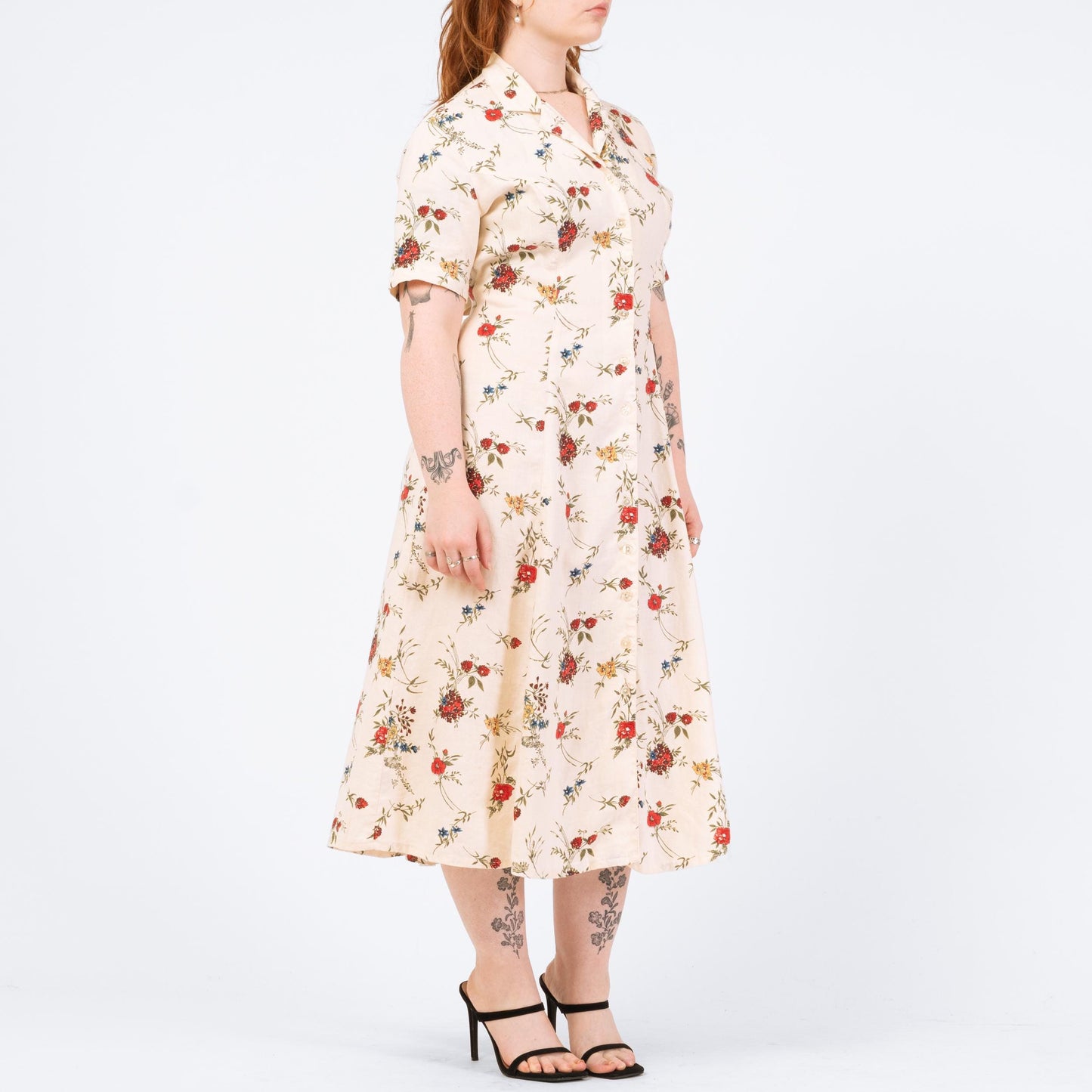 Vintage 90s Cream Floral Linen Midi Dress - Medium | Eddie Bauer Boho Button Up Short Sleeve Shirtdress