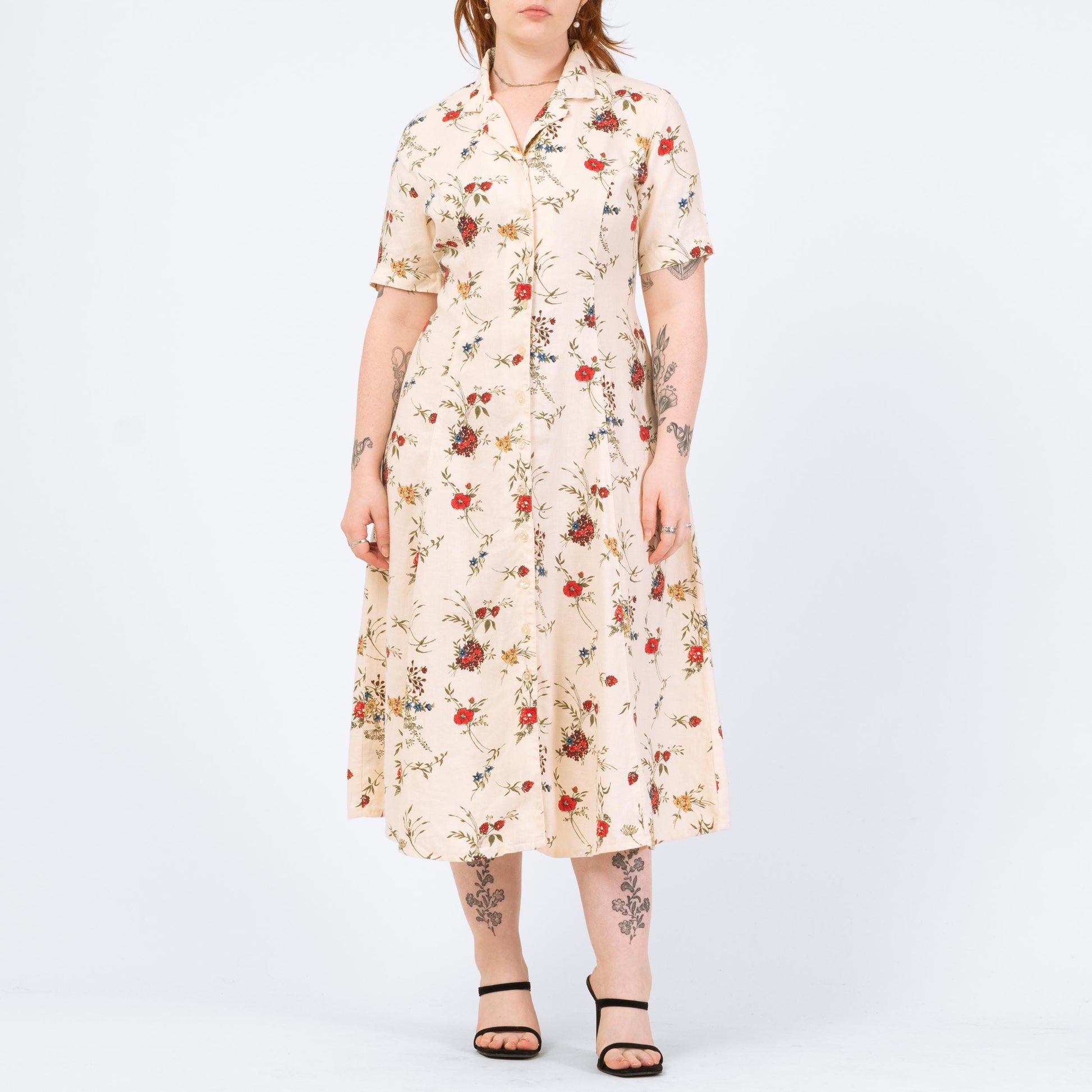 Vintage 90s Cream Floral Linen Midi Dress - Medium | Eddie Bauer Boho Button Up Short Sleeve Shirtdress