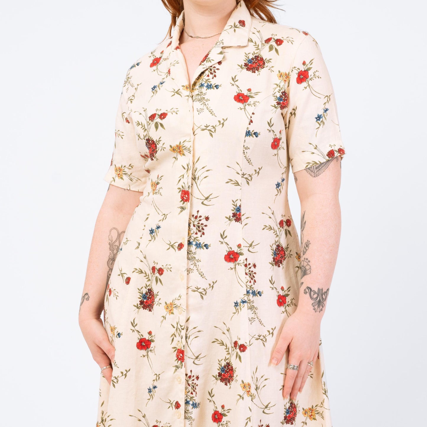 Vintage 90s Cream Floral Linen Midi Dress - Medium | Eddie Bauer Boho Button Up Short Sleeve Shirtdress