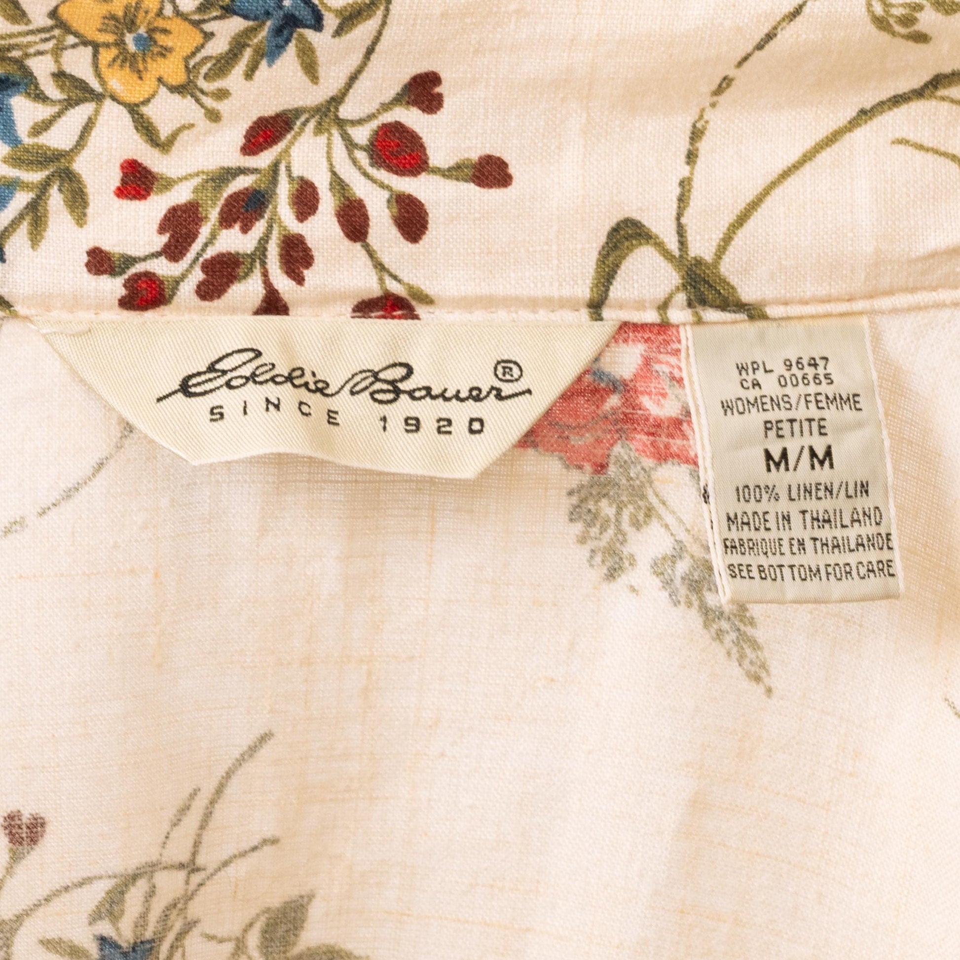 Vintage 90s Cream Floral Linen Midi Dress - Medium | Eddie Bauer Boho Button Up Short Sleeve Shirtdress
