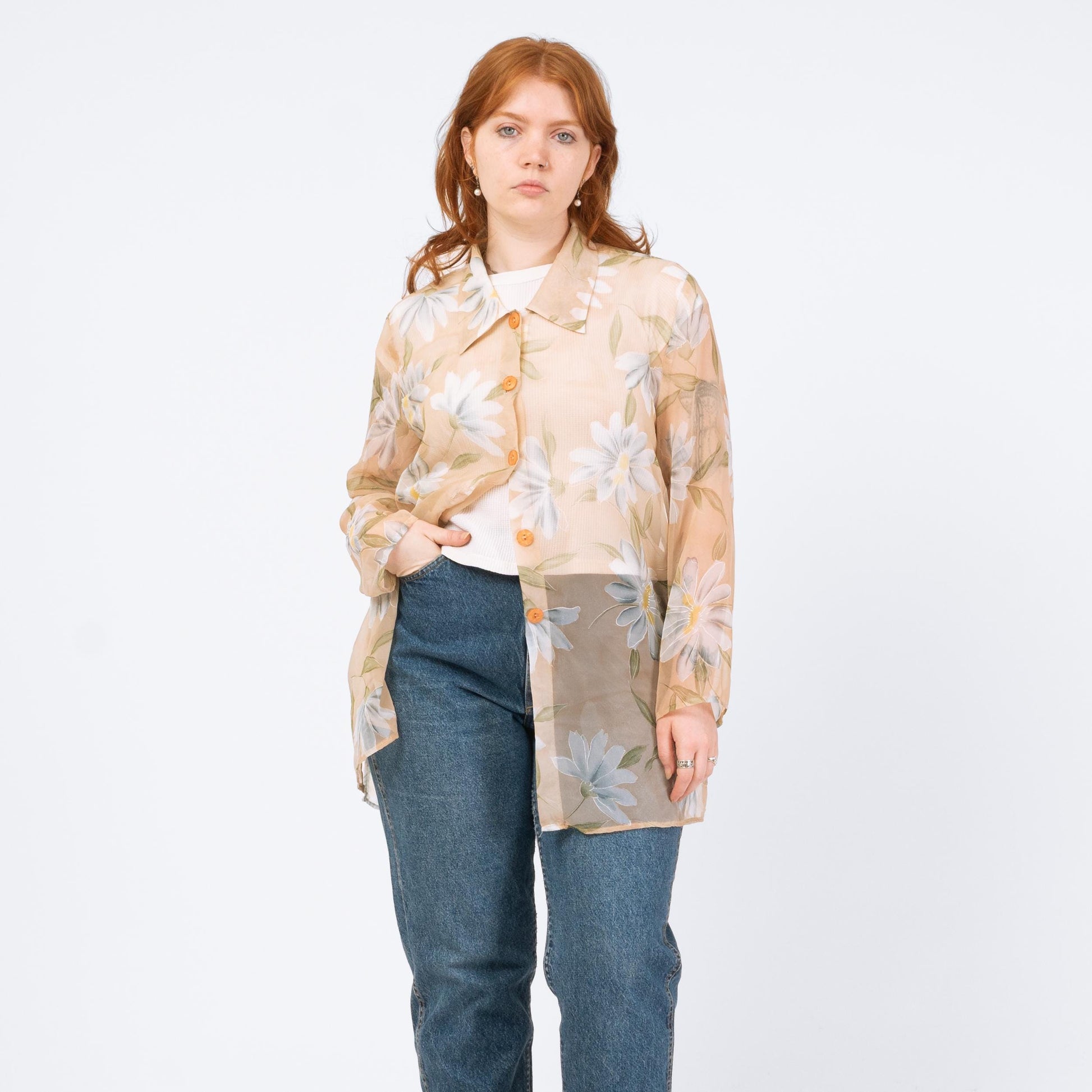 Vintage 90s Sheer Floral Organza Longline Blouse - Large | Peach Button Up Overshirt Top