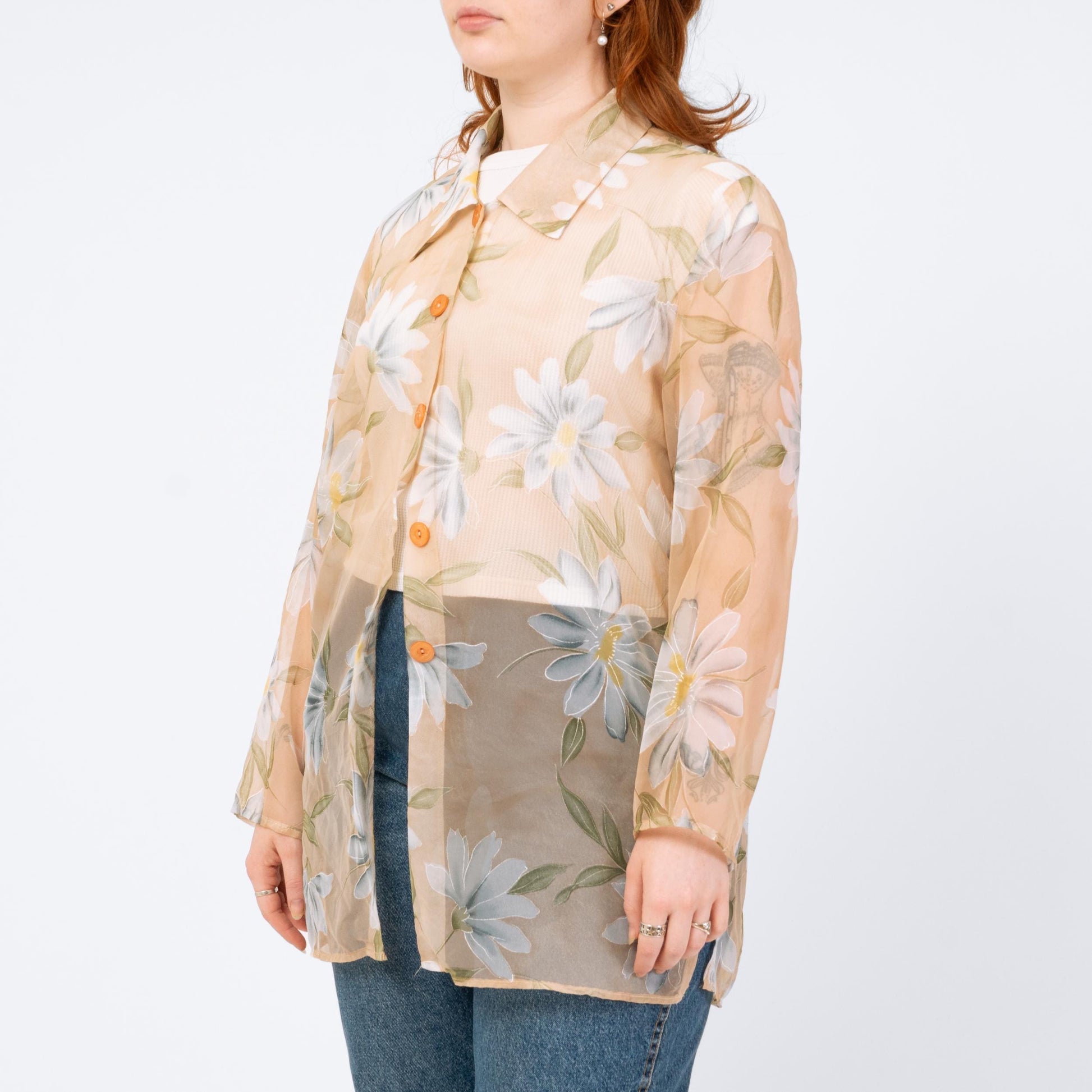 Vintage 90s Sheer Floral Organza Longline Blouse - Large | Peach Button Up Overshirt Top