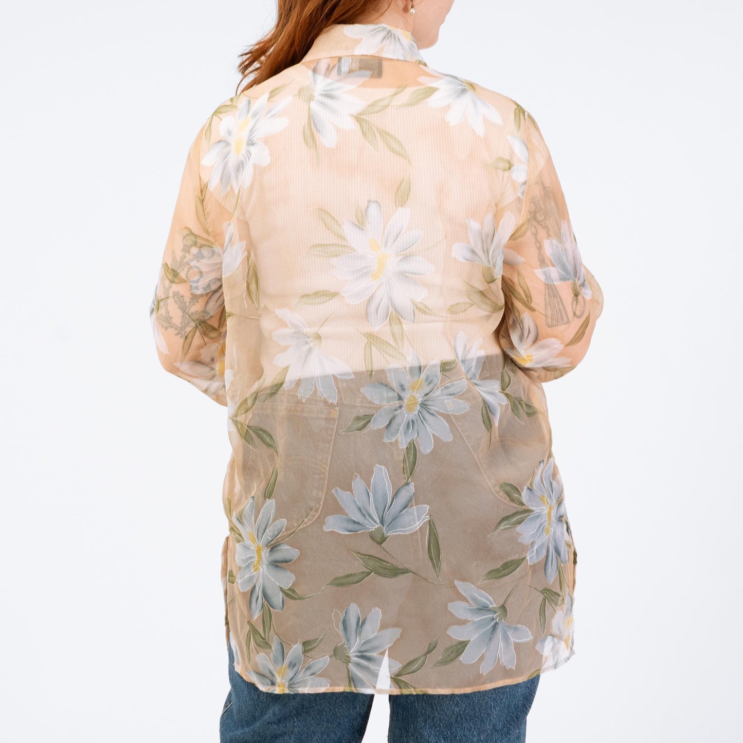 Vintage 90s Sheer Floral Organza Longline Blouse - Large | Peach Button Up Overshirt Top