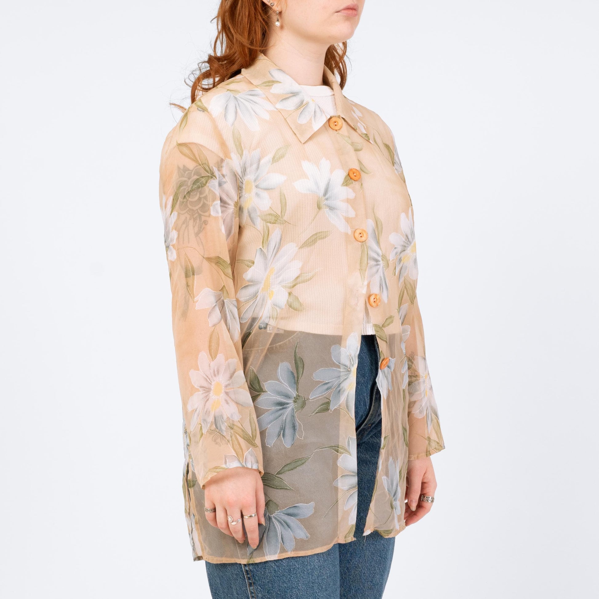 Vintage 90s Sheer Floral Organza Longline Blouse - Large | Peach Button Up Overshirt Top
