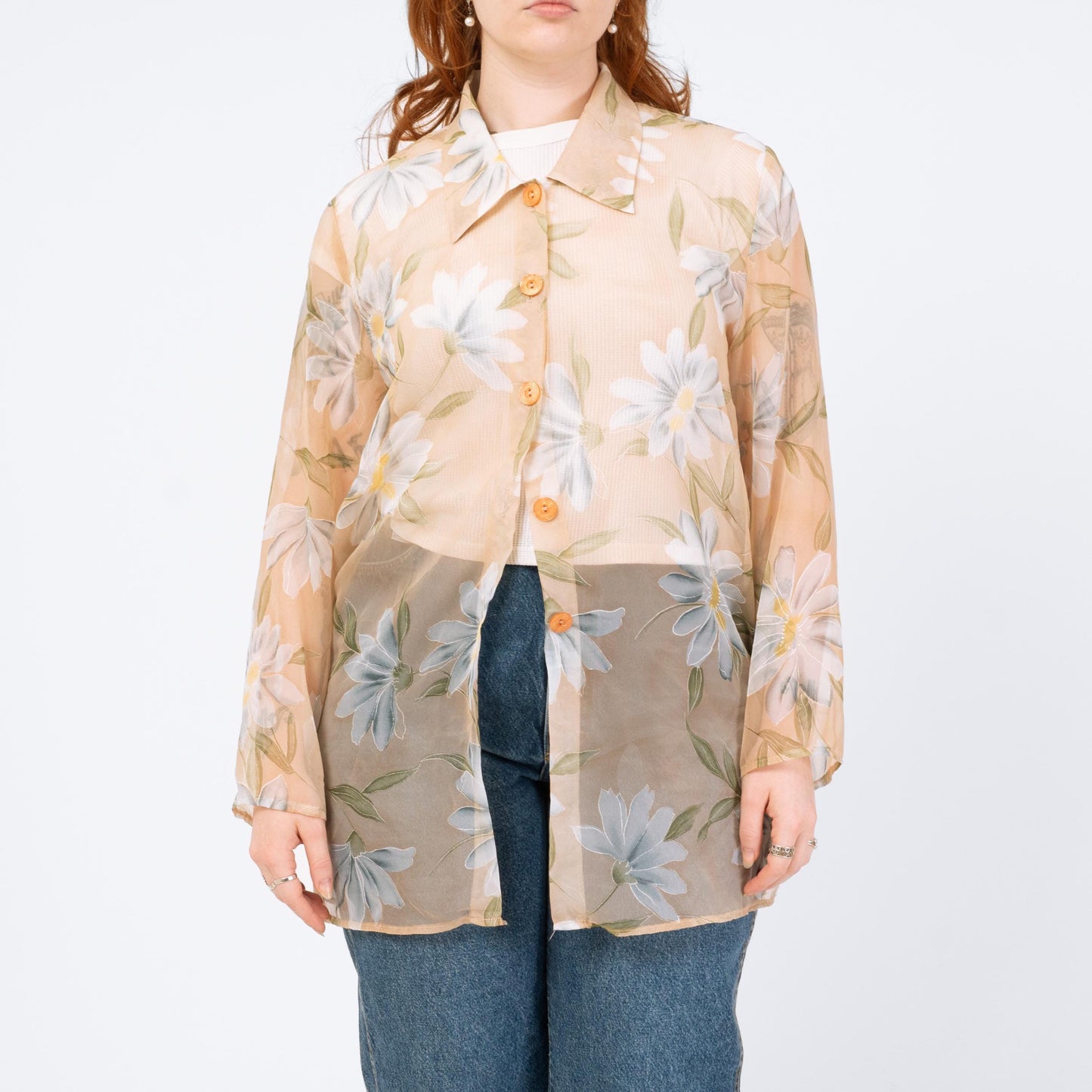 Vintage 90s Sheer Floral Organza Longline Blouse - Large | Peach Button Up Overshirt Top