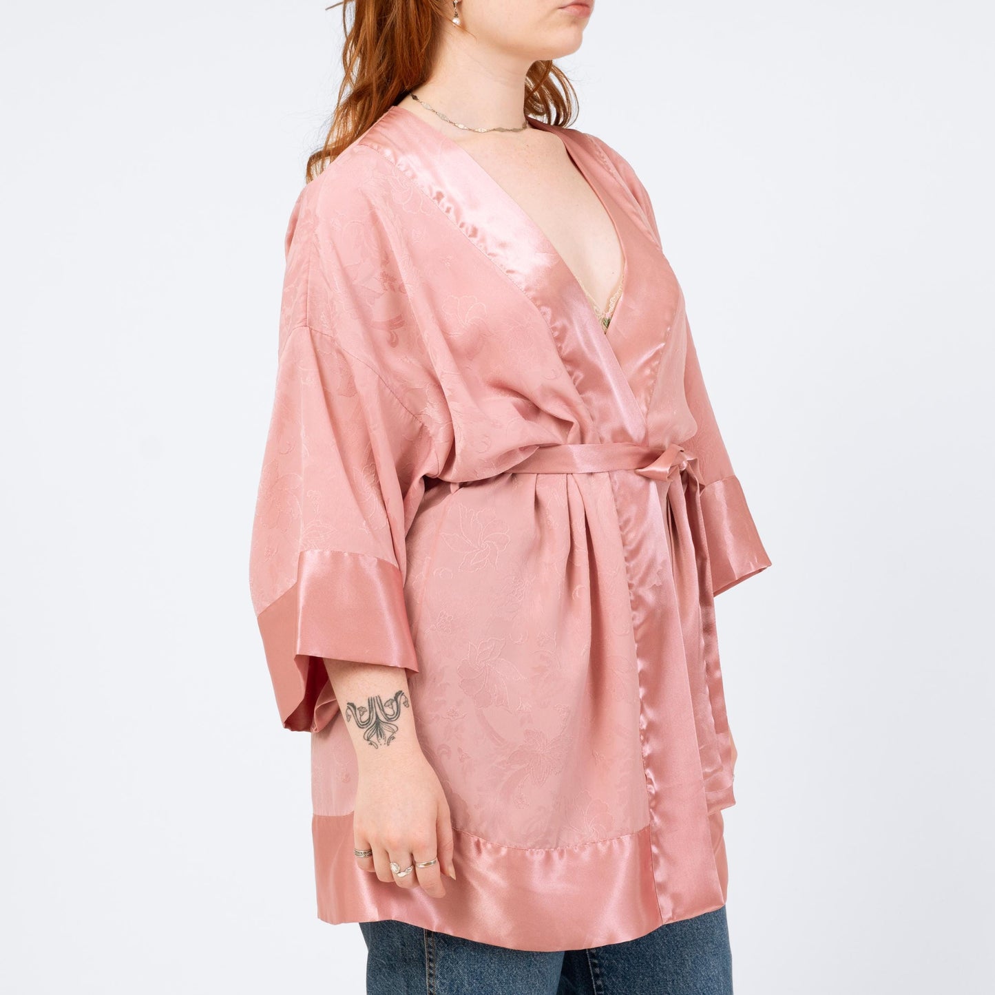 Vintage 90s Victoria's Secret Rose Pink Jacquard Satin Robe - One Size | Boho Loungewear Belted Mini Kimono