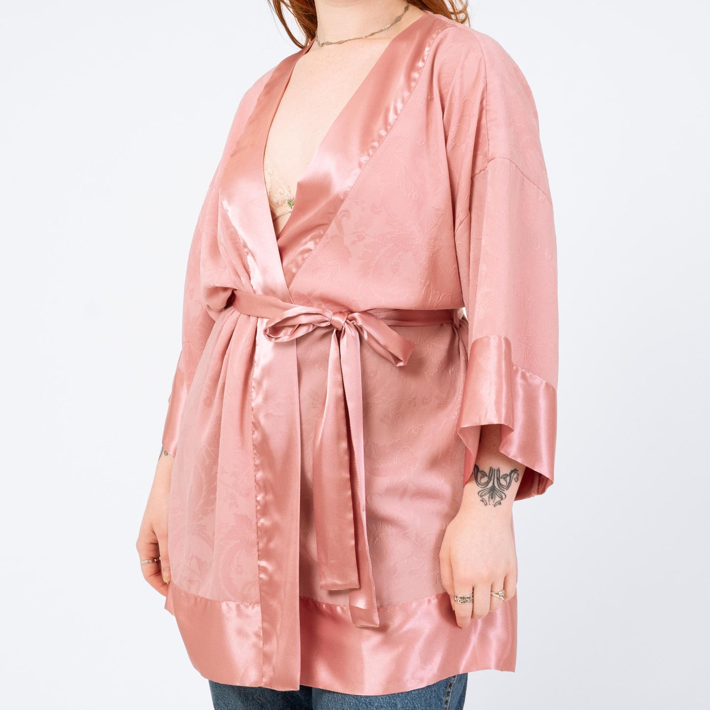 Vintage 90s Victoria's Secret Rose Pink Jacquard Satin Robe - One Size | Boho Loungewear Belted Mini Kimono