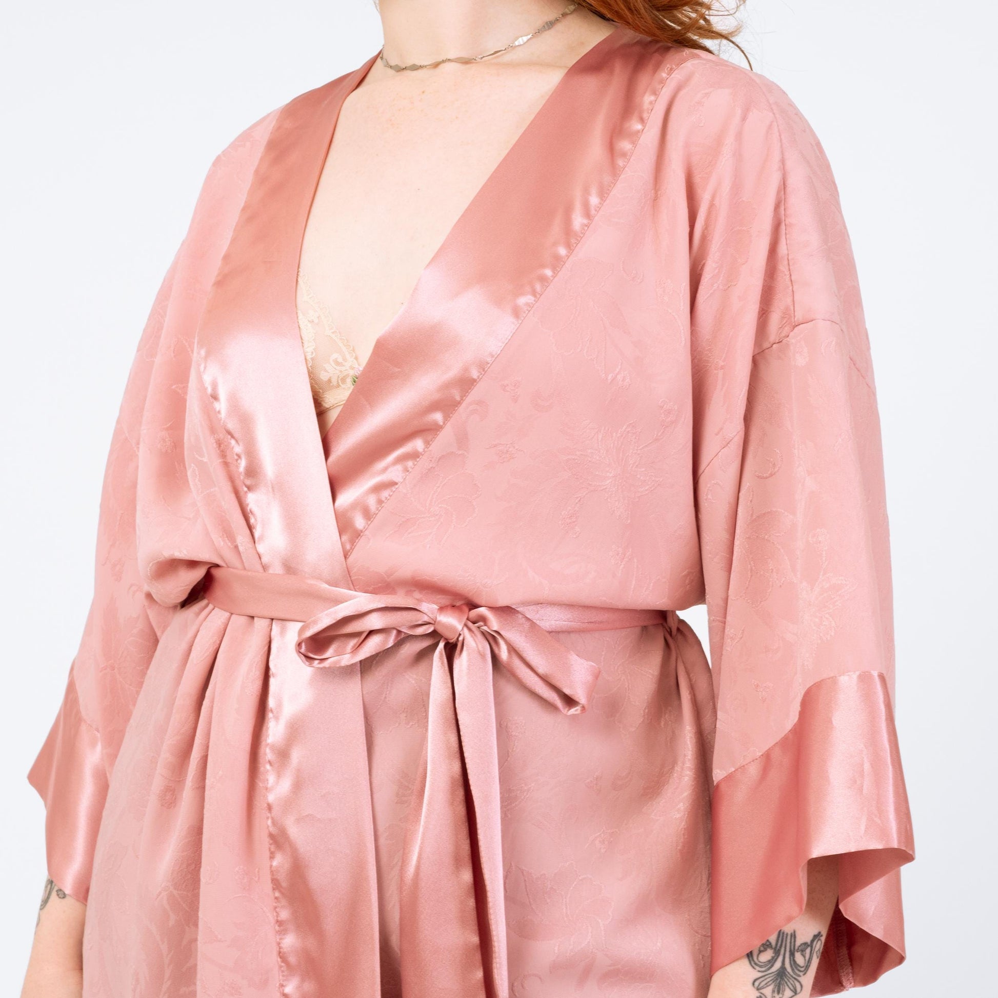 Vintage 90s Victoria's Secret Rose Pink Jacquard Satin Robe - One Size | Boho Loungewear Belted Mini Kimono
