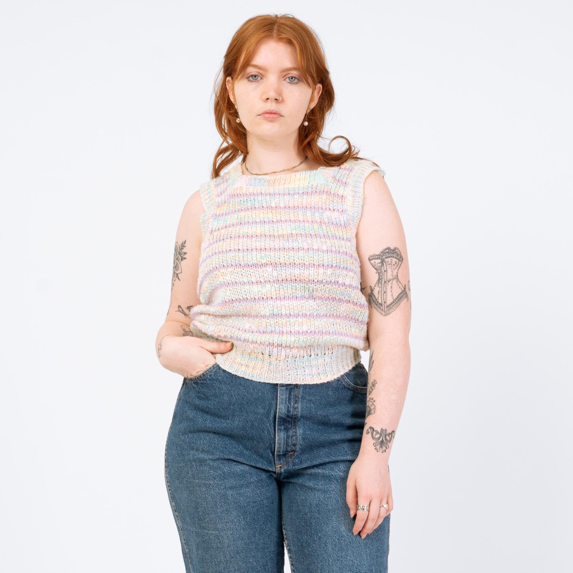 Vintage 80s Pastel Striped Knit Sweater Vest - Medium | Open Weave Sleeveless Top