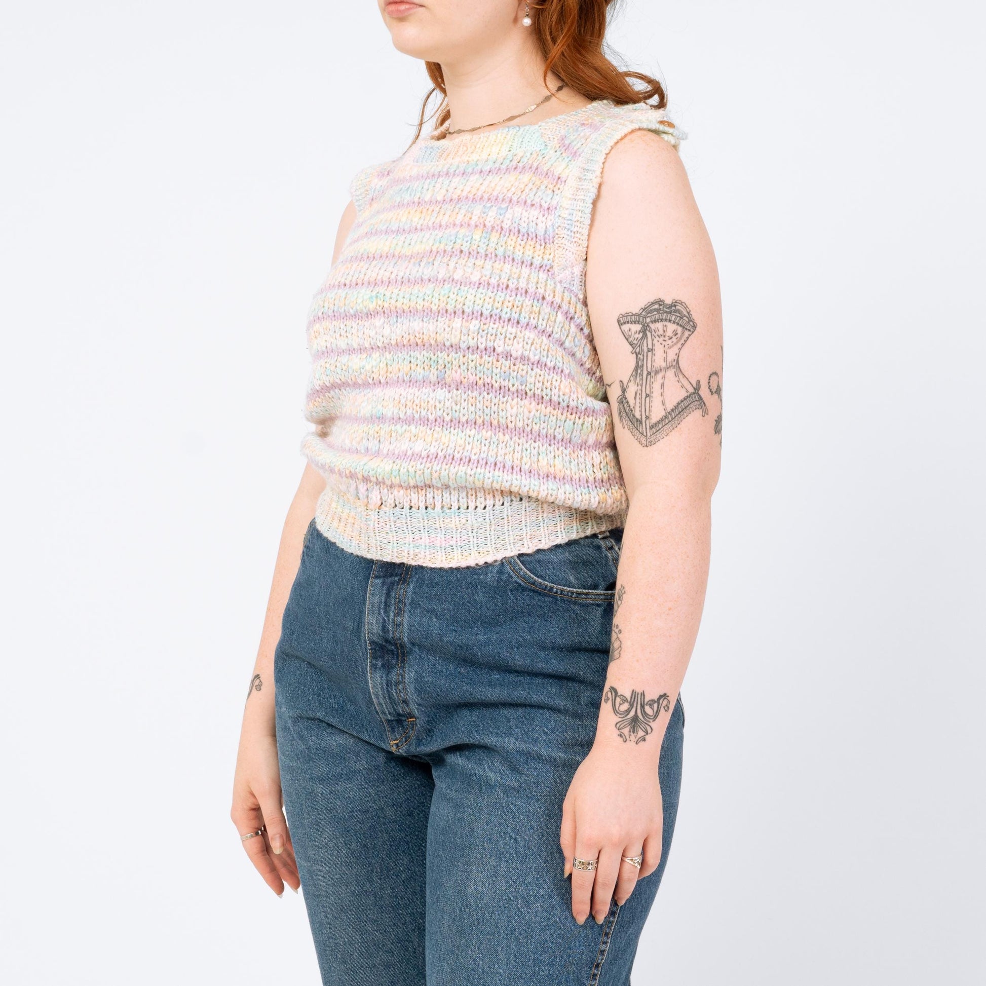 Vintage 80s Pastel Striped Knit Sweater Vest - Medium | Open Weave Sleeveless Top