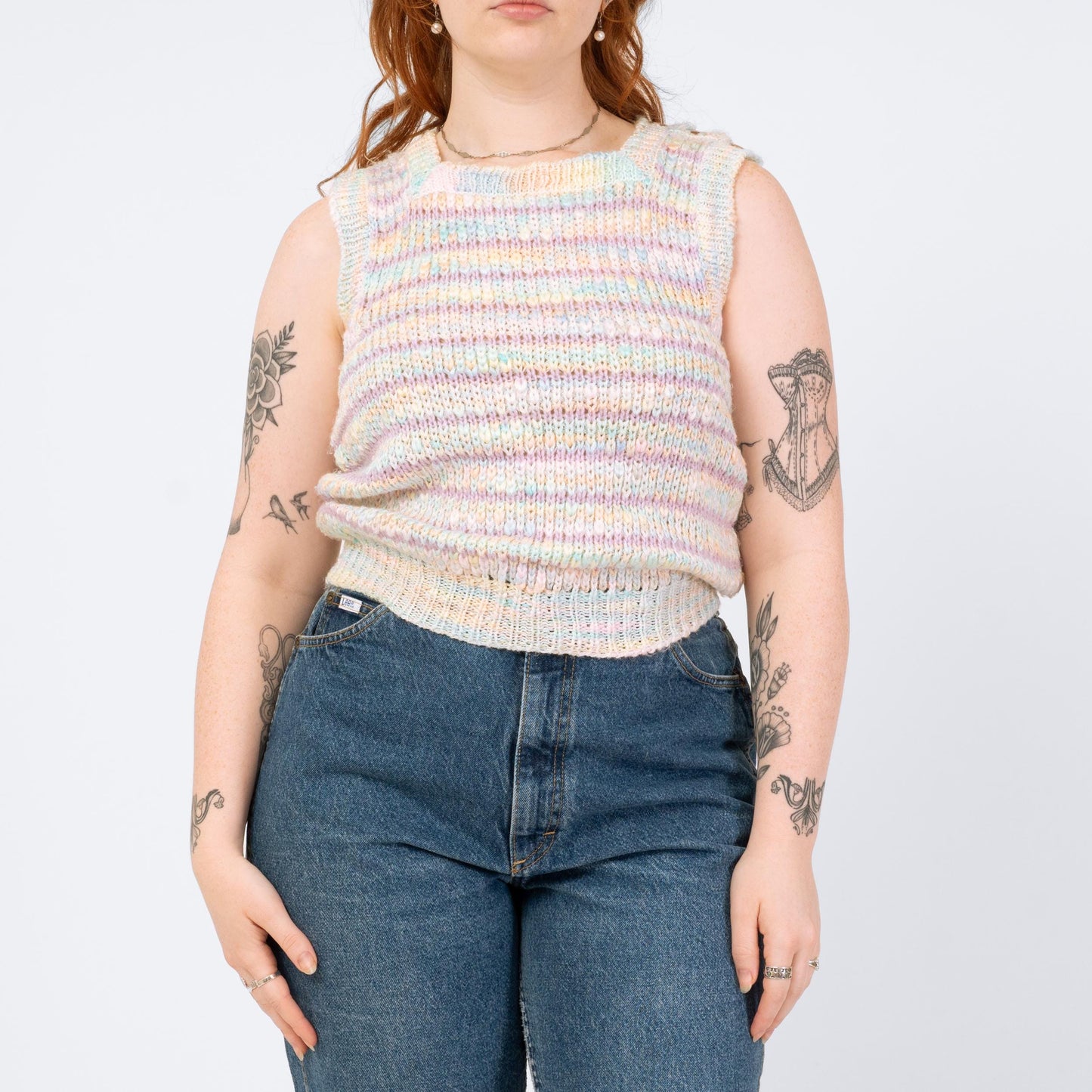 Vintage 80s Pastel Striped Knit Sweater Vest - Medium | Open Weave Sleeveless Top