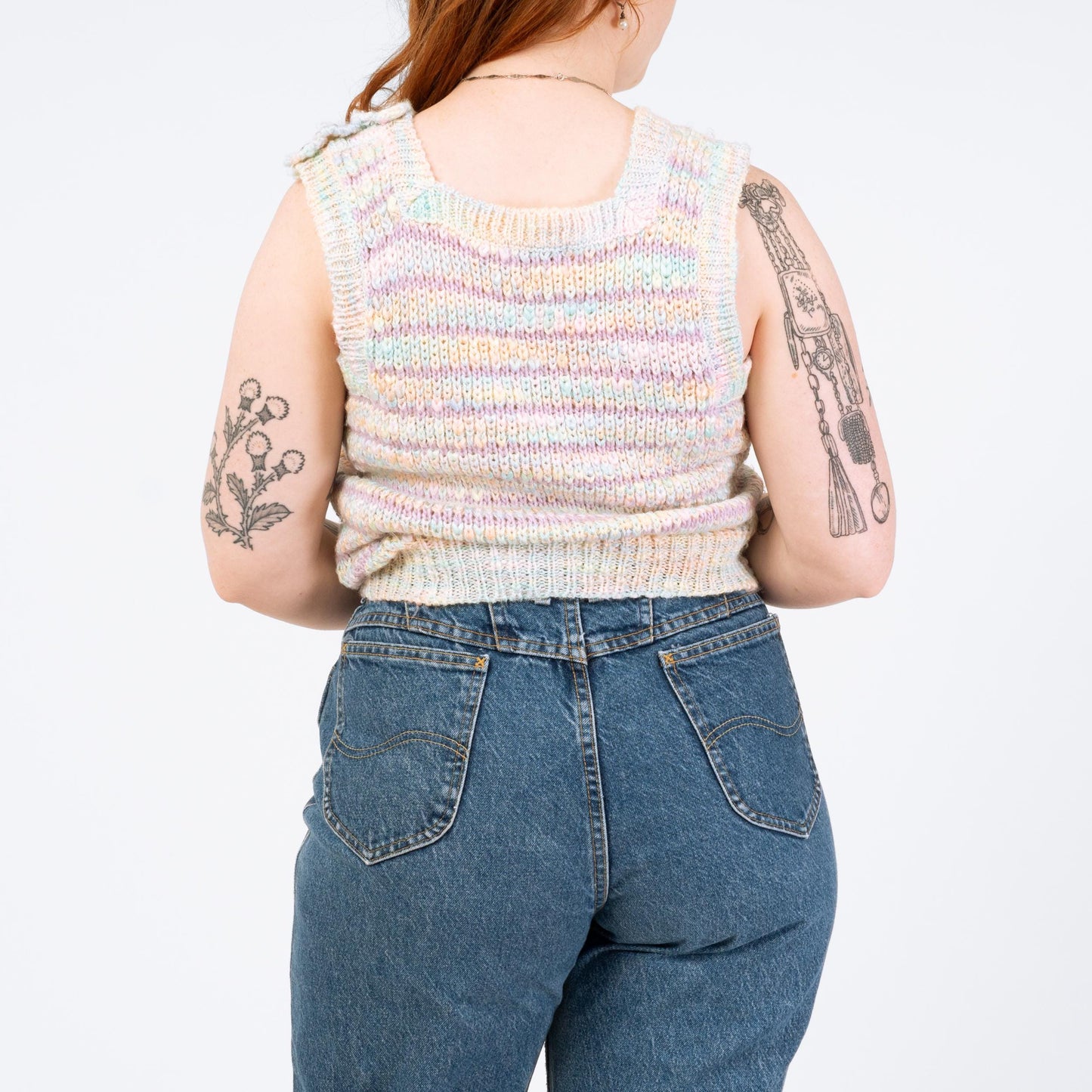 Vintage 80s Pastel Striped Knit Sweater Vest - Medium | Open Weave Sleeveless Top