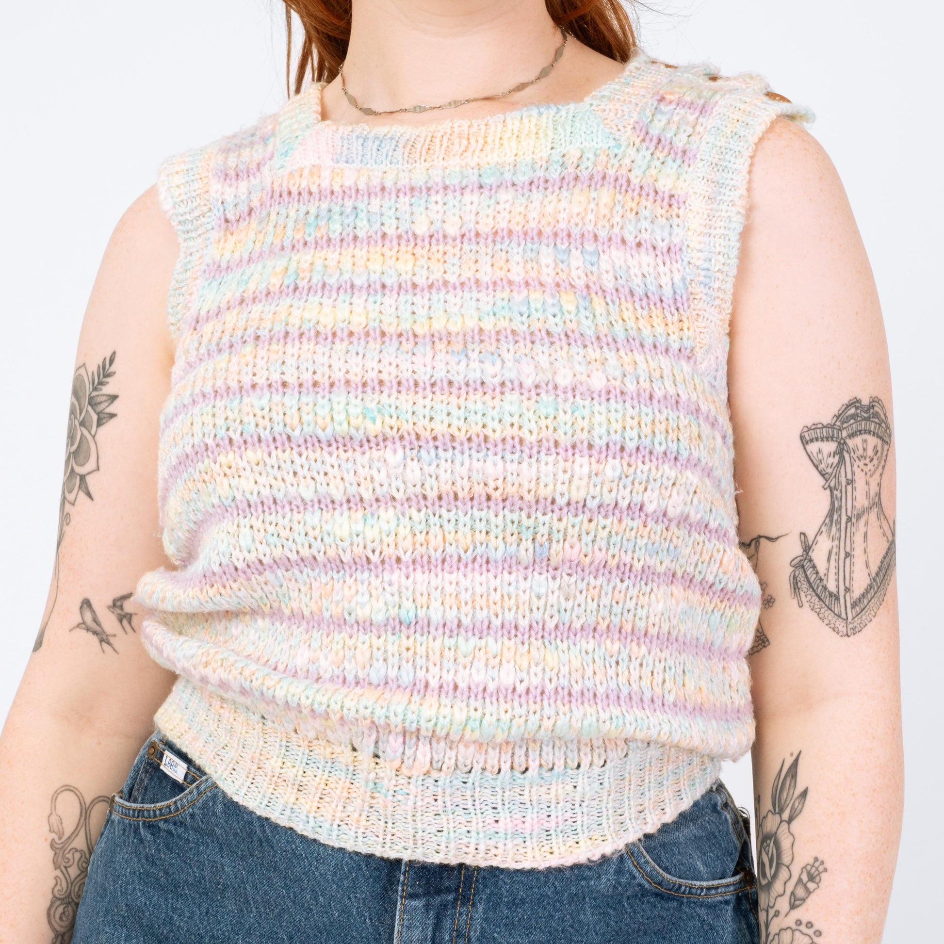Vintage 80s Pastel Striped Knit Sweater Vest - Medium | Open Weave Sleeveless Top