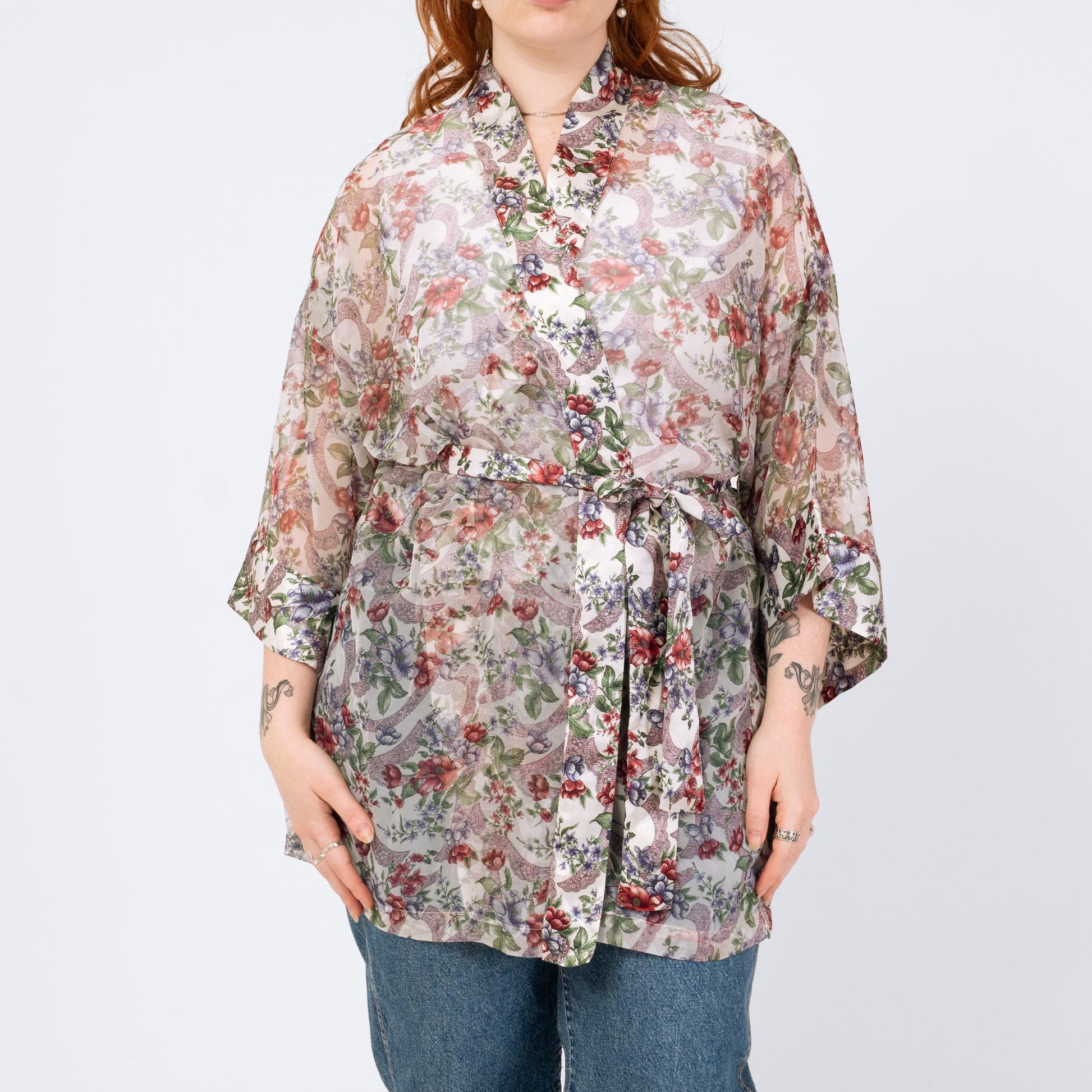 Vintage 90s Victoria's Secret Sheer Floral Mini Robe - One Size | Boho Satin Trim Loungewear Kimono