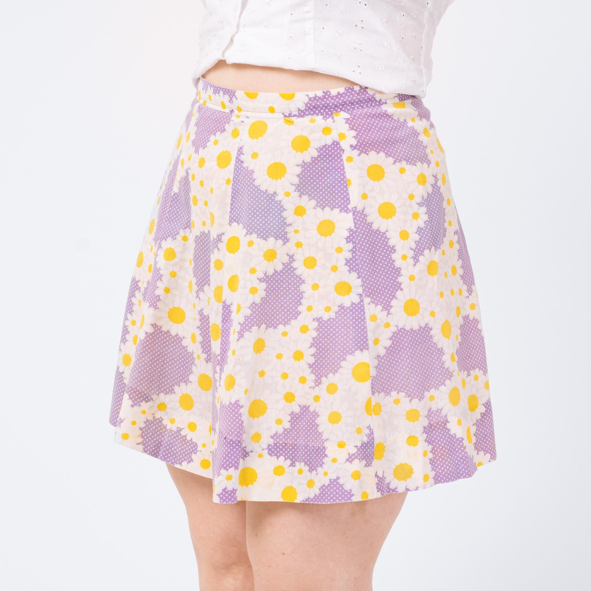 Vintage Purple Daisy Floral Mini Skirt - Medium | 70s 80s Boho Handmade Skirt